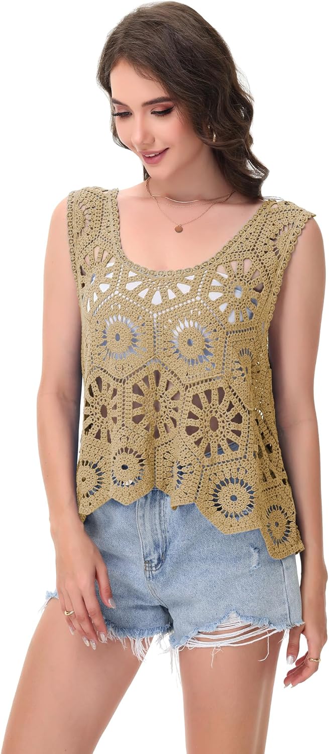 Anna-Kaci Women's Crochet Knit Tank Top with Hollow Flower Sleeveless Boho Lace Cover Up - Image 2