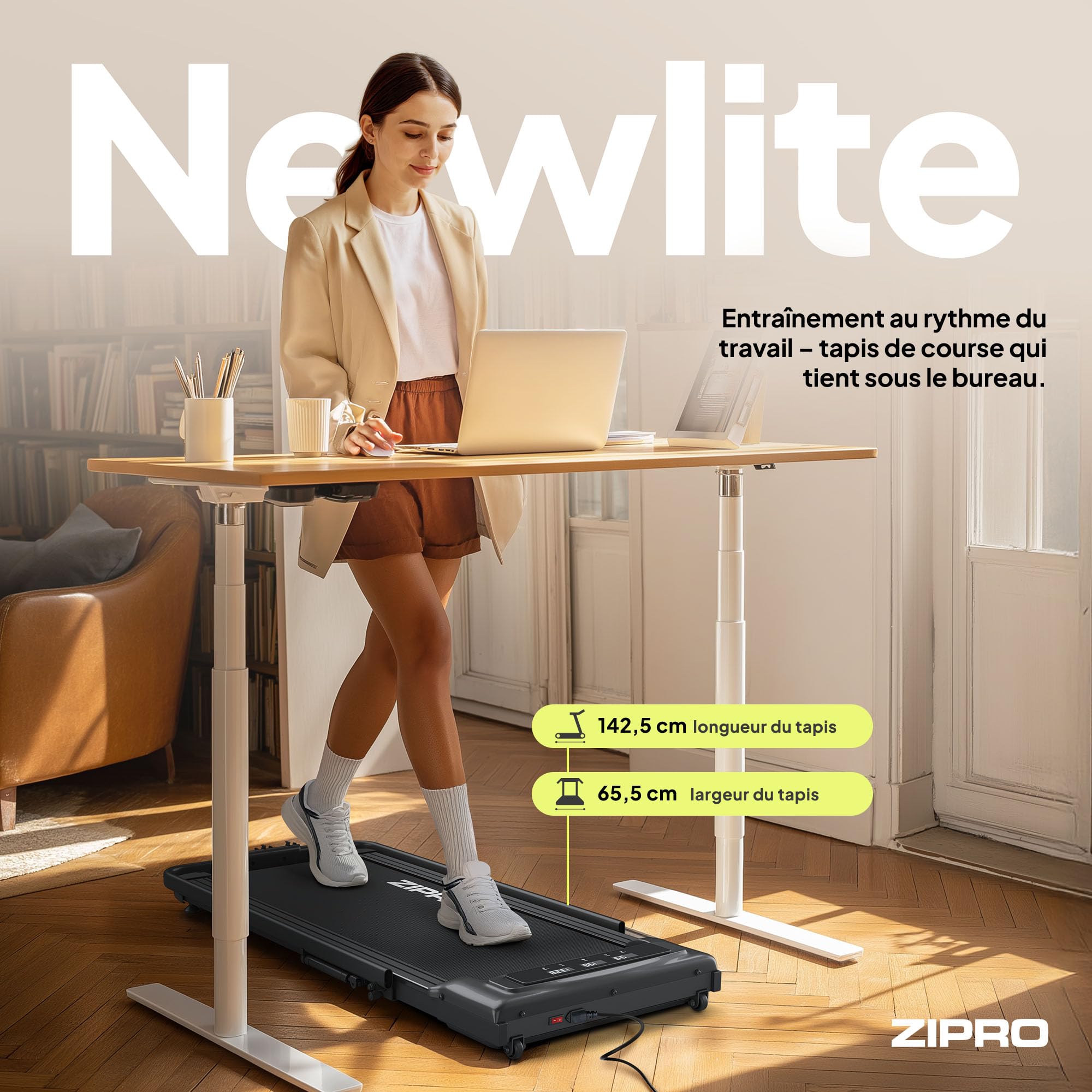 ZIPRO Newlite Tapis de Course Pliable, Walking Pad, Deux Modes d’Entraînement, Design Compact FlatFold, Vitesse 1-10 km/h, Capacité jusqu'à 110 kg, Amorti Easy Walk, Moteur Silencieux, Écran LED