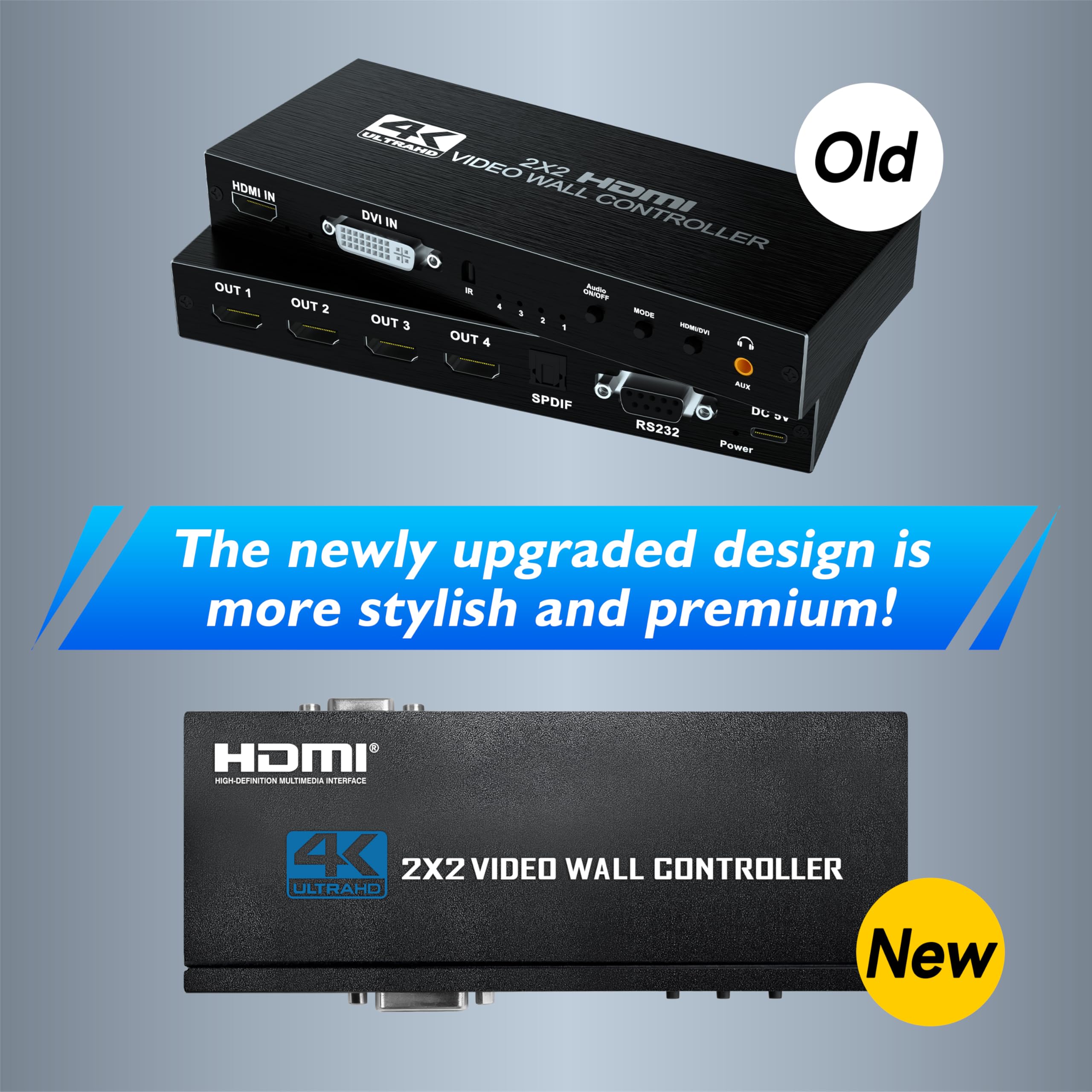 Video regolatore della parete 2X2, video processore della parete 4K x 2K HD Display Ingresso HDMI e DVI, uscita 1080P@60Hz, audio 5.1CH, rotazione di 180 gradi, 9 display di giunzione 2x2, 1x2