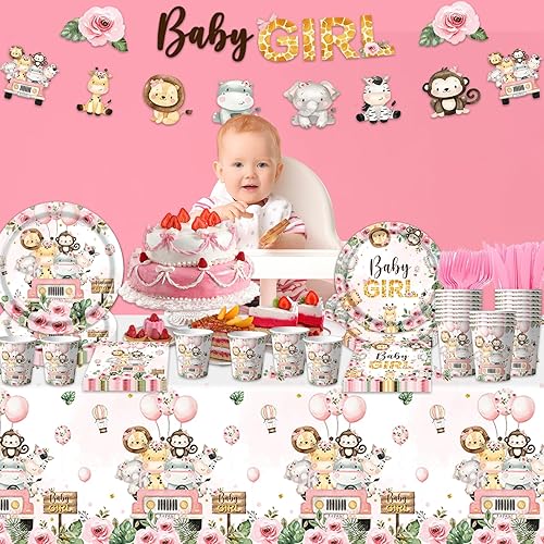 Miniatura 7 de Decoraciones de safari para baby shower para niña, vajilla rosa de animales de la selva, platos y servilletas de baby shower, mantel para fiesta de