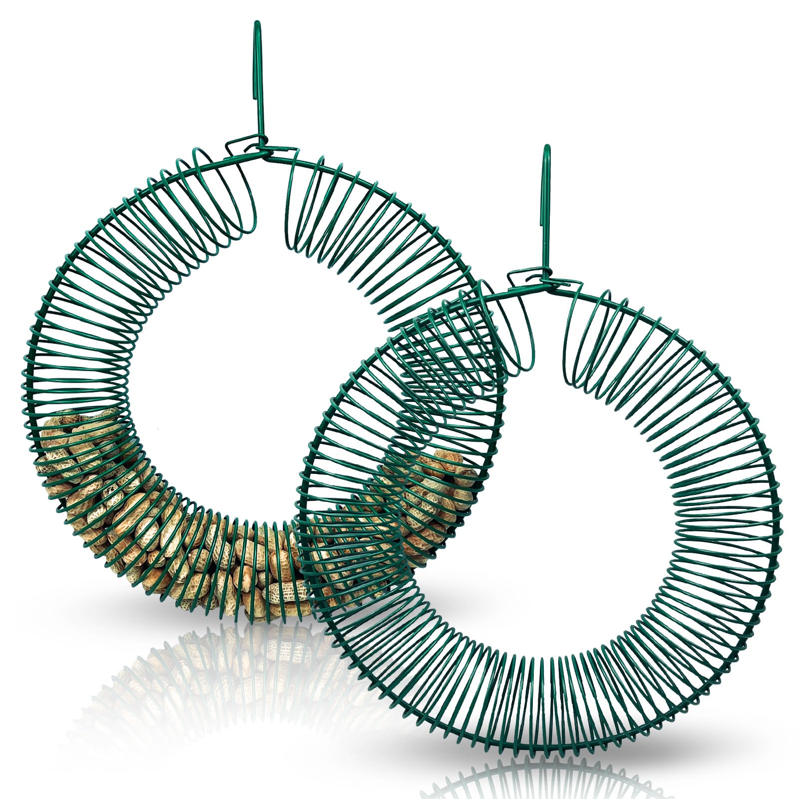 Hugeleaf 2 Pieces Peanut Bird Feeder, Hanging Wreath Feeder Round Metal Whole Wild Bird Feeder with Hanging Hook for Outdoor Birds and Squirrels Feeding, Fat Suet Ball Feeder for Blue Jay, Green