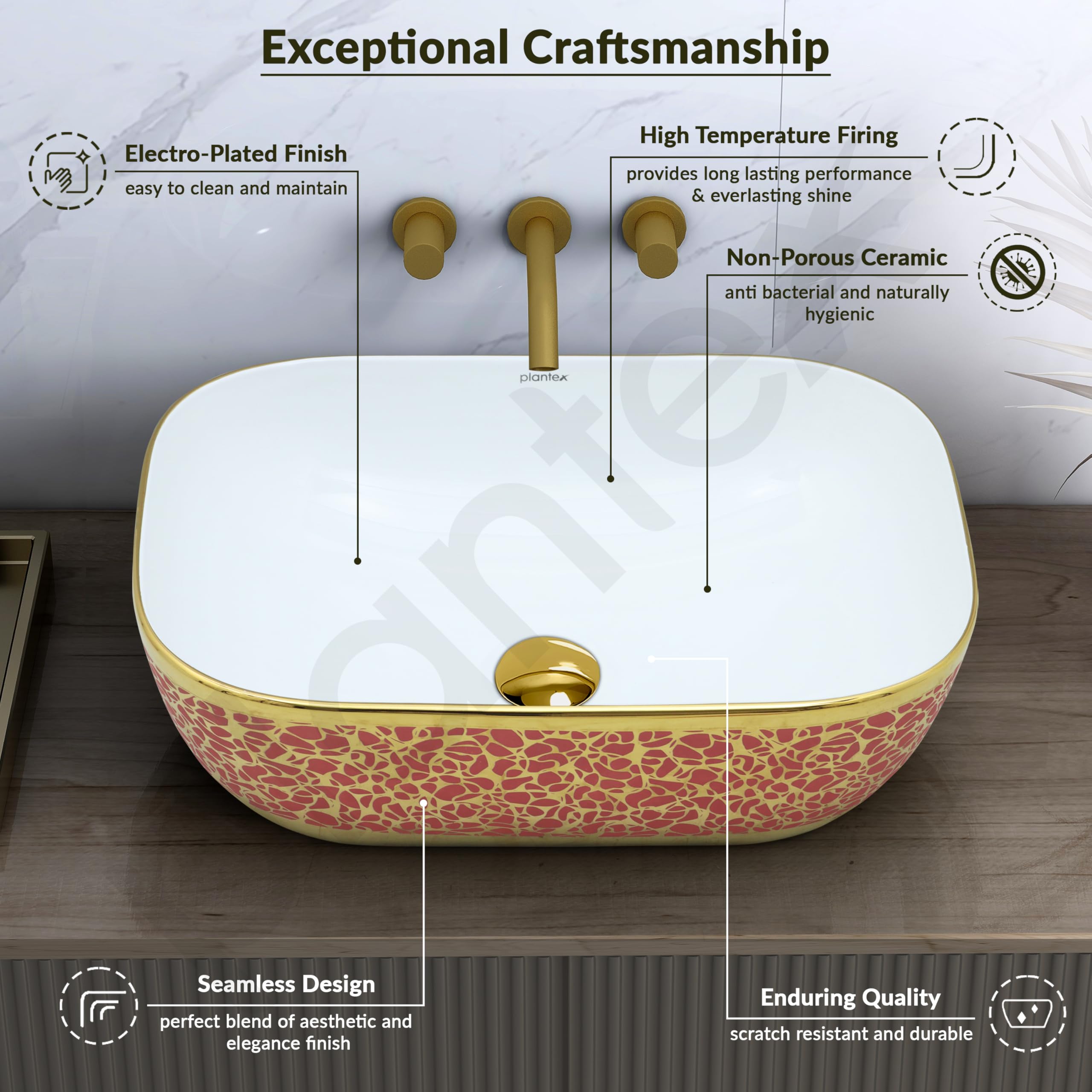 Plantex Ceramic Washbasin for Bathroom/Designer Countertop Basin/Rectangle Tabletop Wash Basin for Home/Office/Hotel (18x13x5 Inch - White & Gold) 2