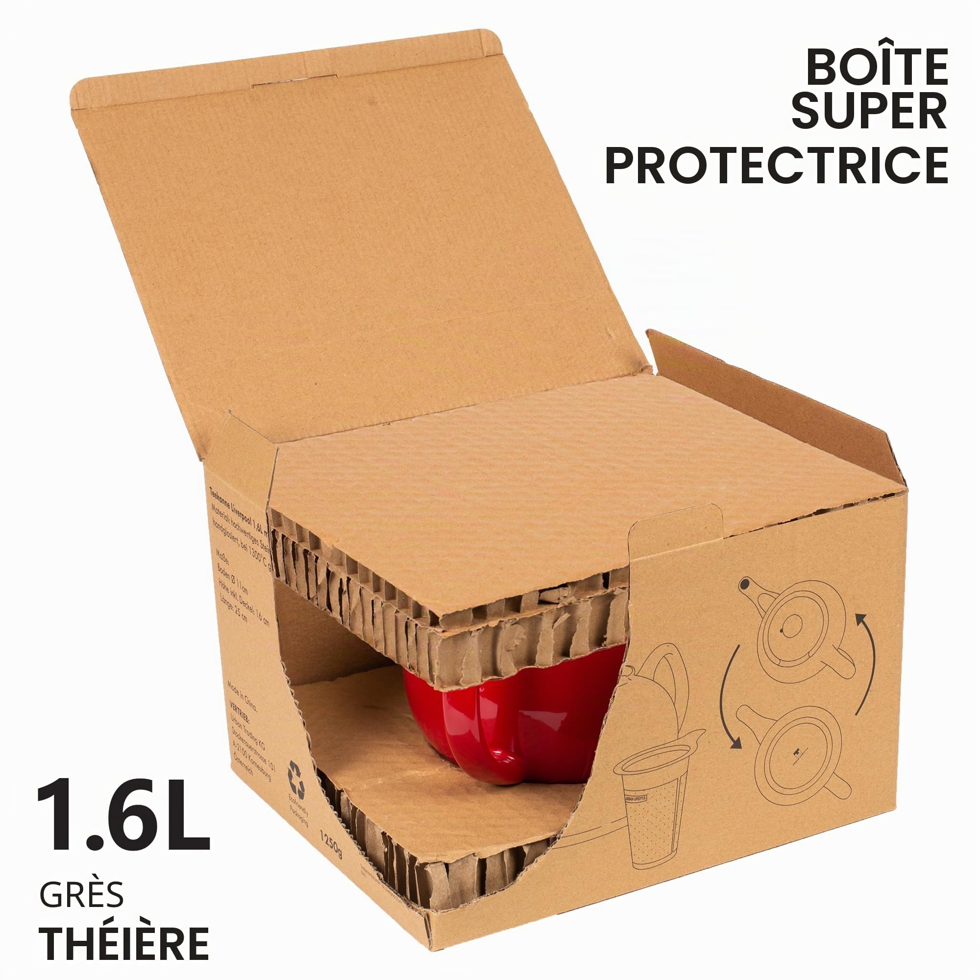 Urban Lifestyle théière avec infuseur 1,6 L B grade, théière céramique rouge avec petits défauts d’émail, infuseur thé en acier inoxydable 304 extra fin pour thé en vrac et sachets, anti goutte