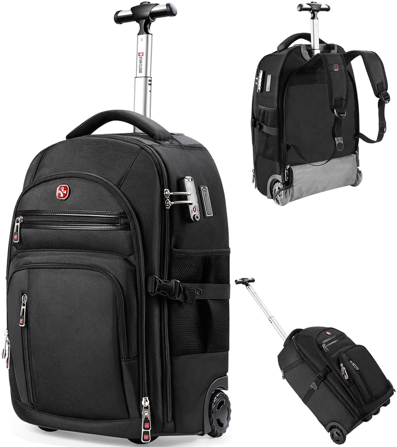 star cloud Rollrucksack mit Rollen, USB- und Typ-C-Ladeanschlüssen, 21 x 14 x 9 cm, Schwarz, 17.3 INCH, Reiserucksäcke