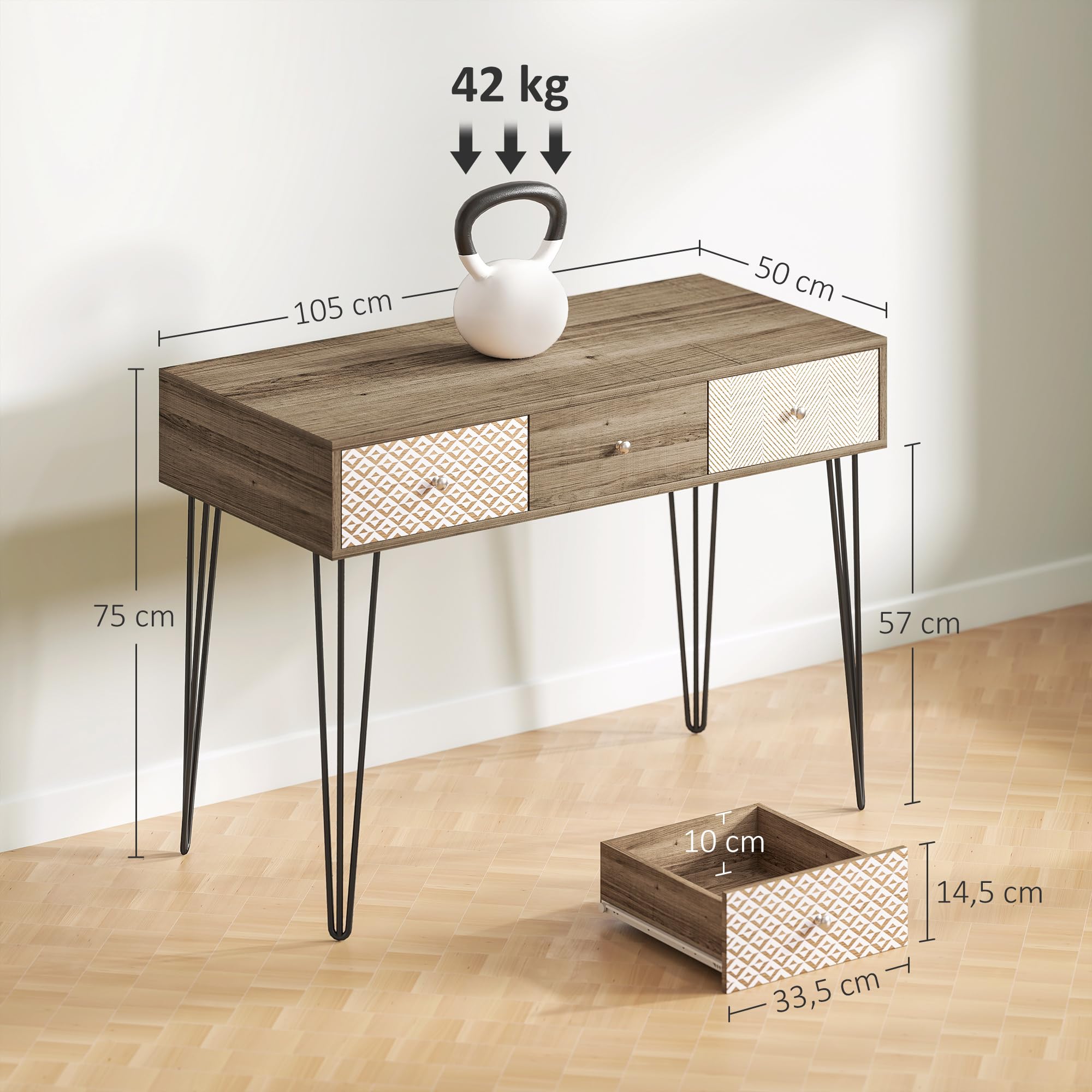 HOMCOM Escritorio Bohemio con Patas Horquilla y 3 Cajones 105x50x75 cm