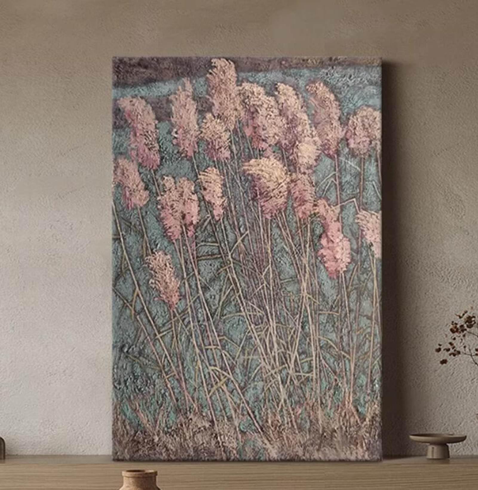 Peinture à l'huile fait main wabi-sabi pour réchauffer un mur blanc et froid de salon moderne