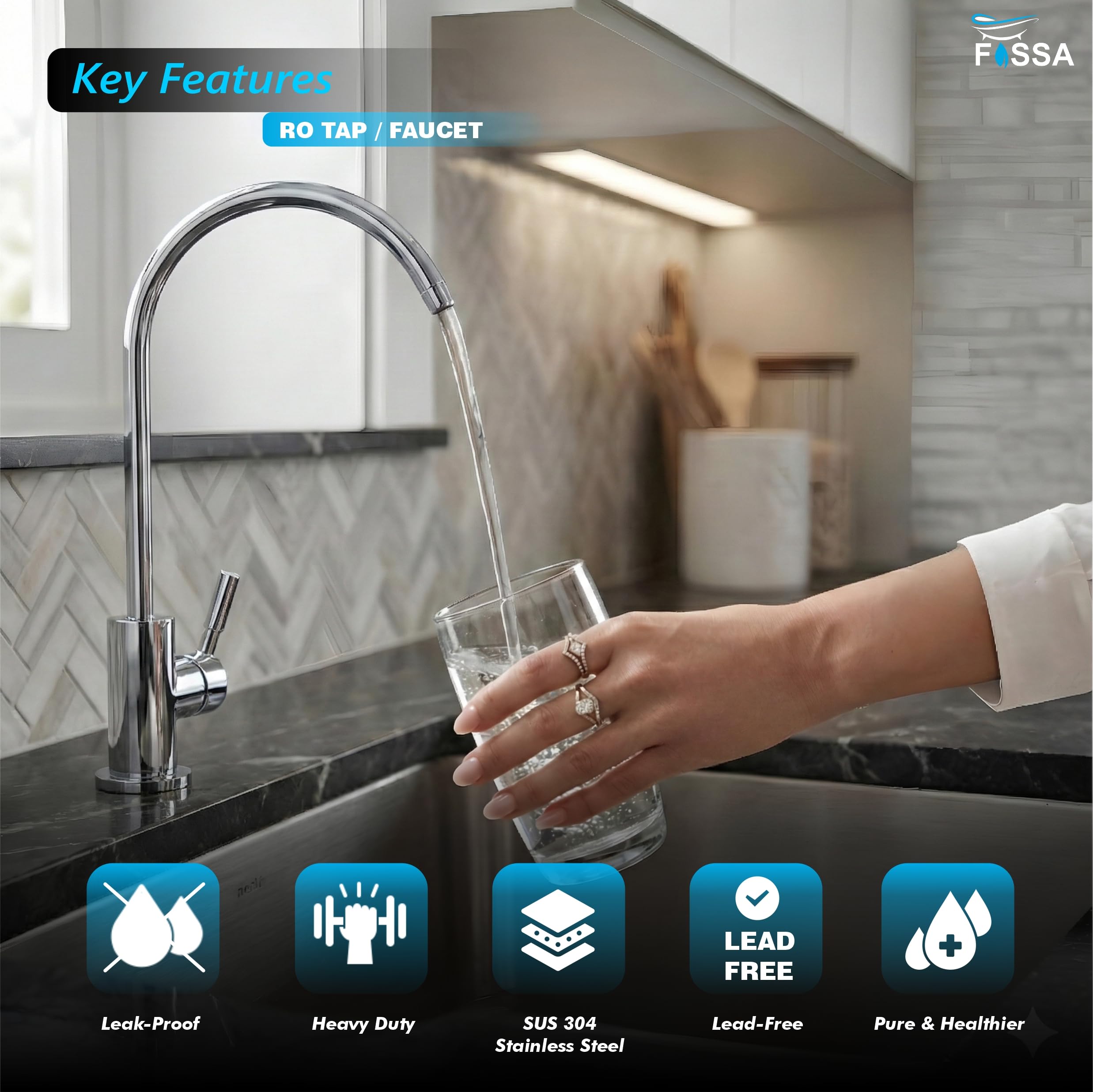 Fossa RO Tap Kitchen Water Filter Faucet | 100% Lead-Free Drinking Water Faucet | 304 Stainless Steel Body | Brushed Nickel | Wall Mount Kitchen RO Tap (Chrome Finish) 2