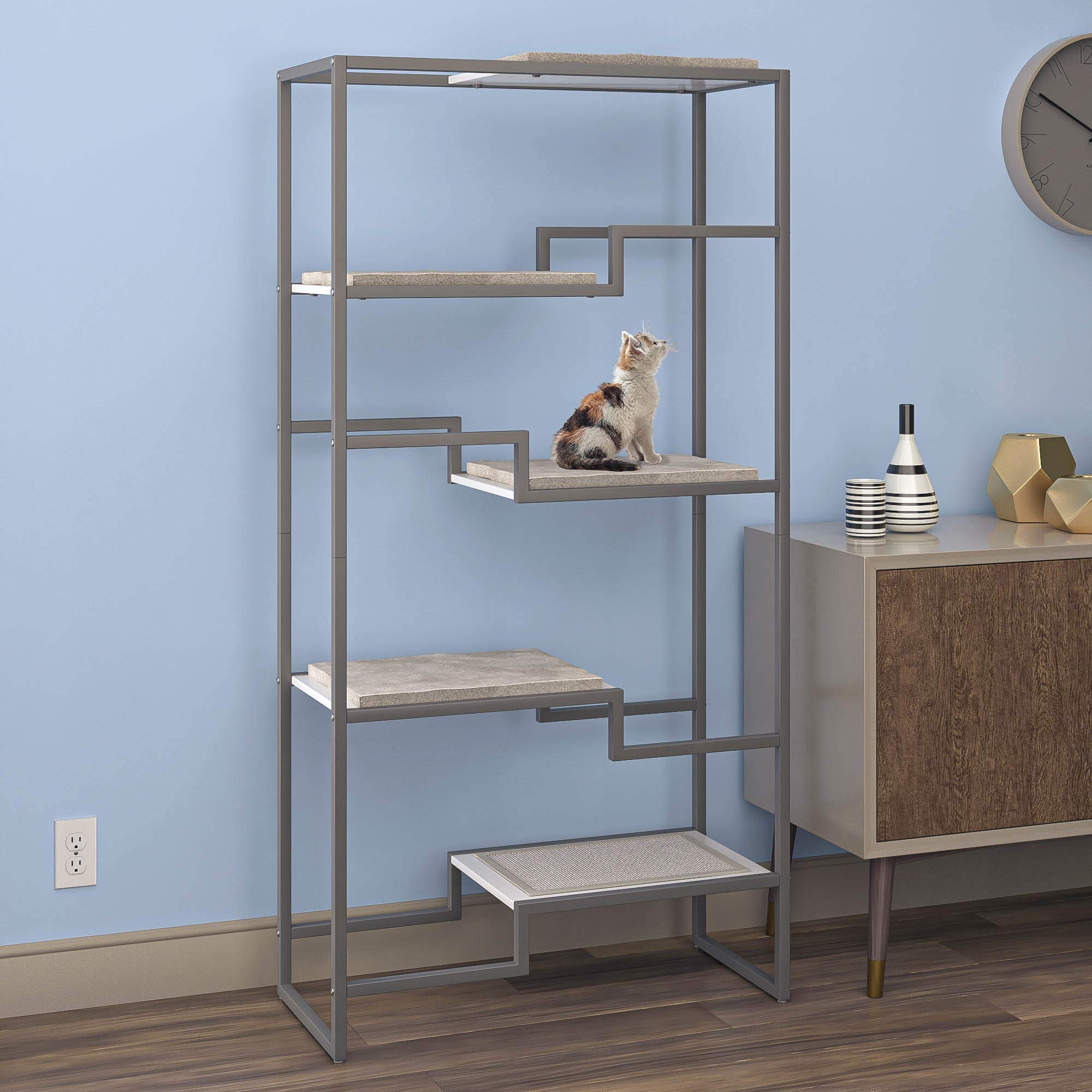 The Refined Feline 62 Inch Tall Metropolitan Cat Condo, Gray Metal Frame Cat Tower, Multi-Level Modern Cat Tree for Indoor Cats, White Platforms with