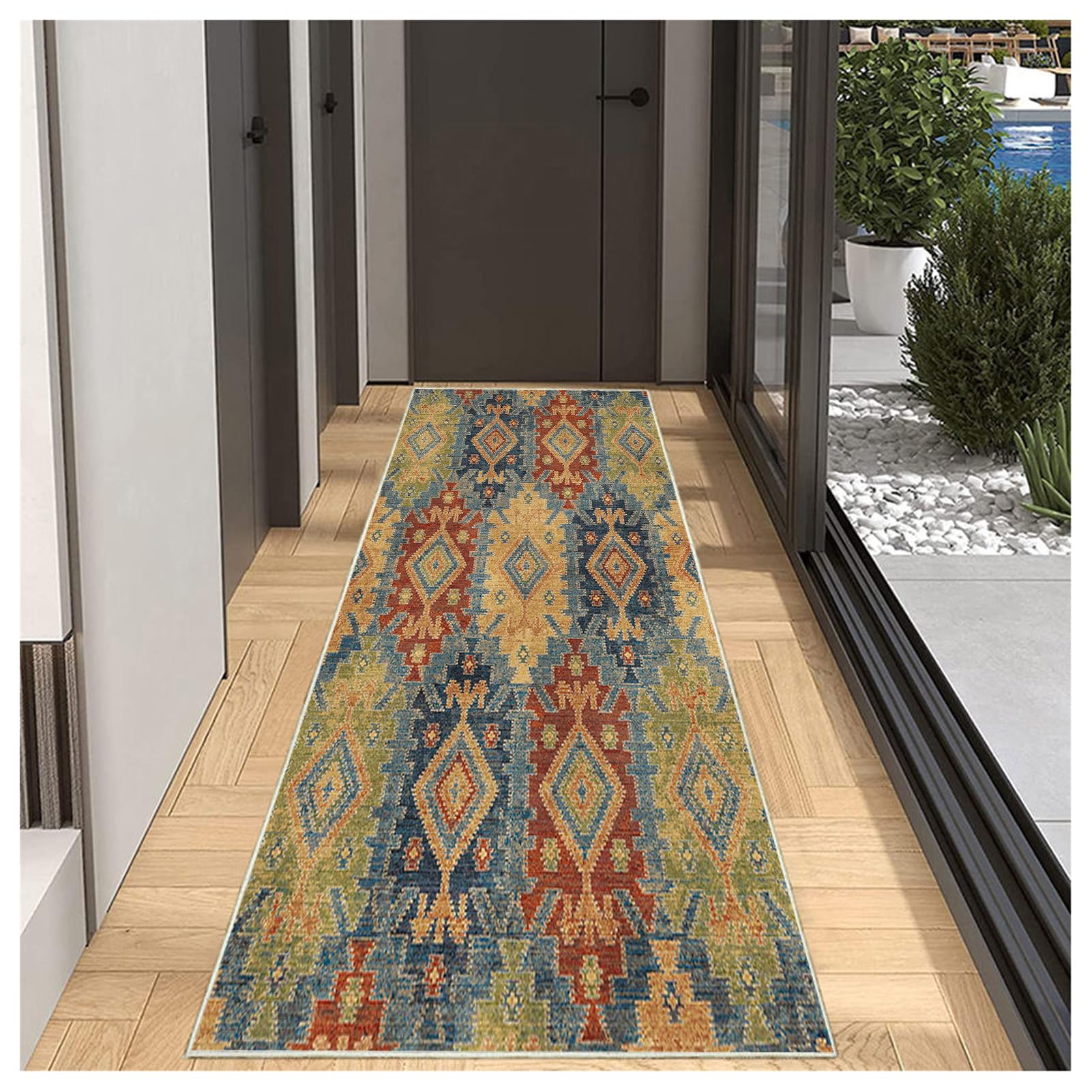 Tapis de Passage Long Personnalisable 90x300cm Marron - Tapis Cuisine Lavable Antidérapant Style Retro, Motifs Médaillon pour Couloir/Chambre, Microfibre Absorbante au Mètre Modulable