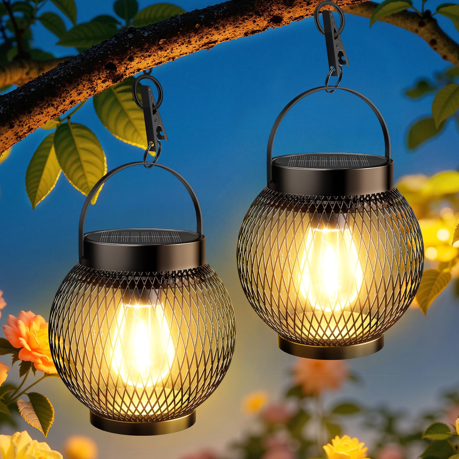 GEARLITE Solarlampen für Außen Hängend, 2 Stück Metall Solarlaterne für Außen mit Helle LED-Glühbirne, IP65 Wasserdicht Stehend Solar Laternen für Draußen mit Clips Garten Balkon Deko Terrassen Rasen