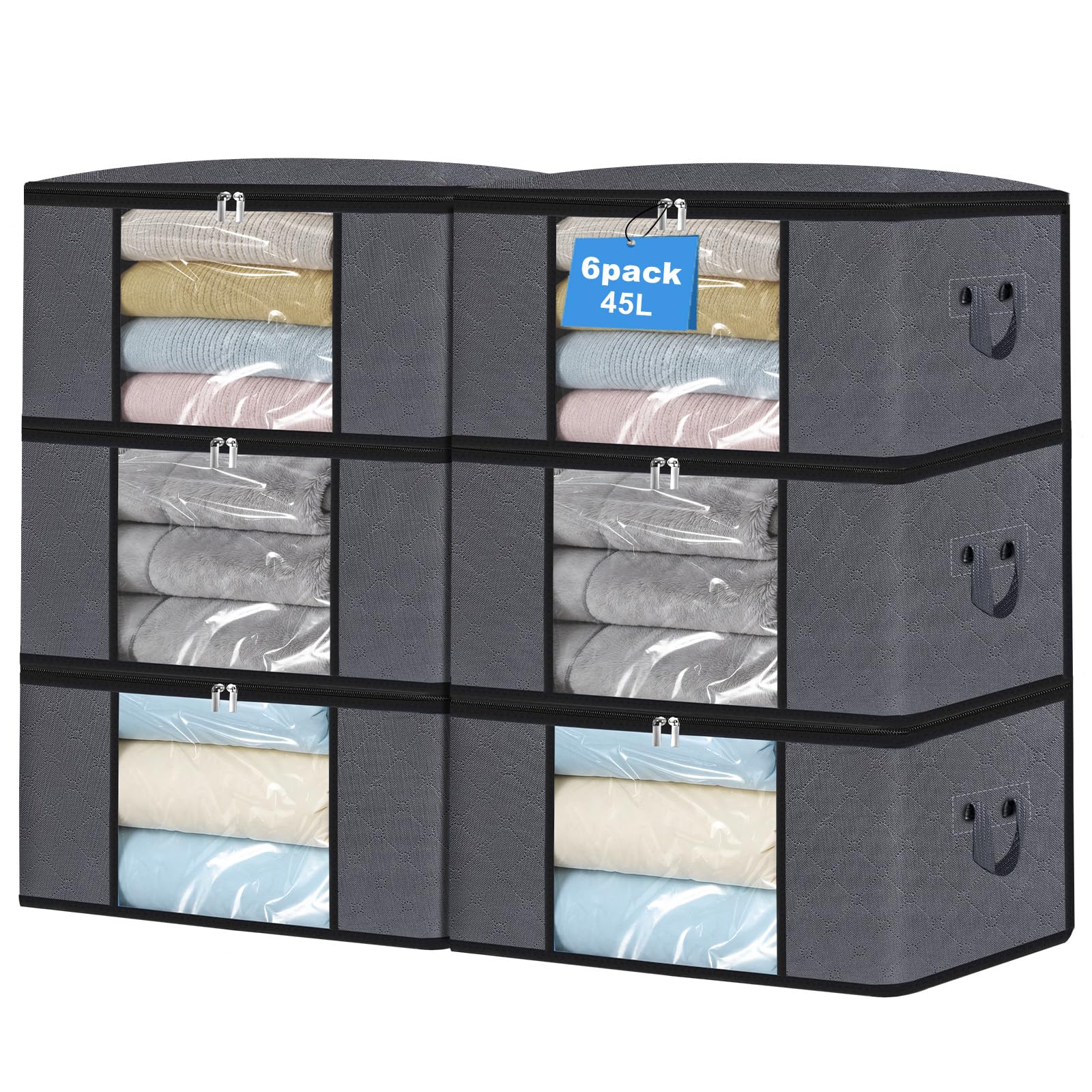 HiBaBy 45L Clothes Storage Bag, Foldable Storage Boxes with Lids Underbed Wardrobe Storage Organiser with Clear Window Moving Bags for Clothing Bedding Sweaters T-shirts Blankets, 6 Pack, Grey