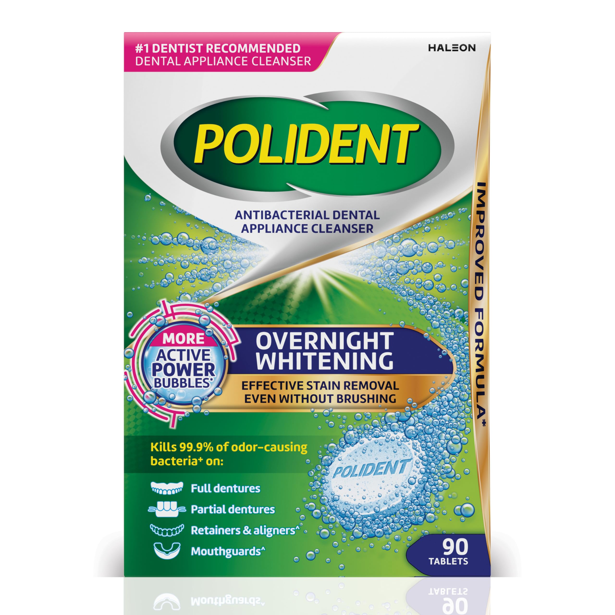 Polident Overnight Whitening Antibacterial Dental Appliance Cleanser Tablets Mouthguard Cleaning Tablets 90 Count