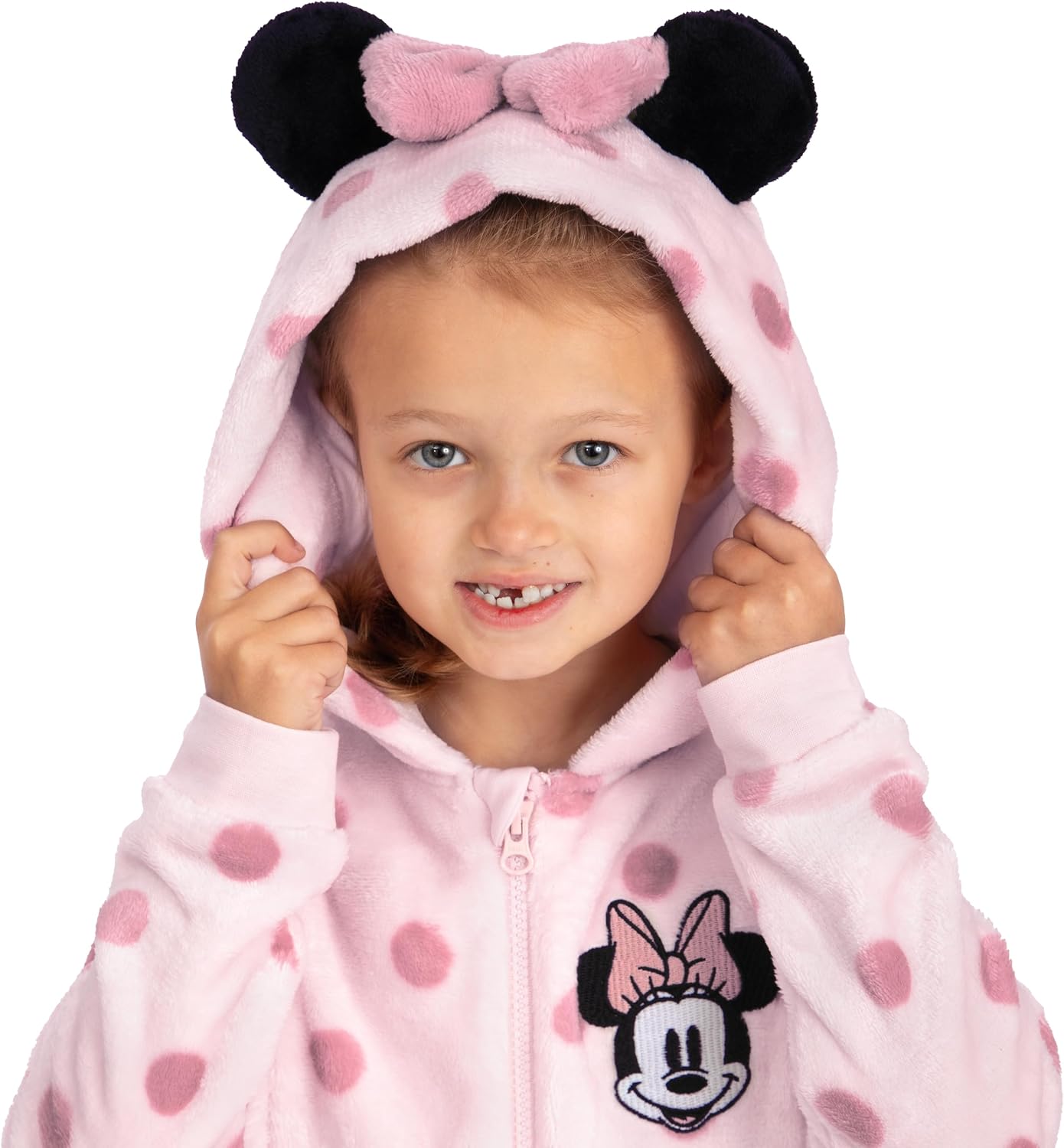 Disney Minnie Mouse Onesie, Girls Onesie With Minnie Mouse Ears And Bow, Fleece Girls Pajamas