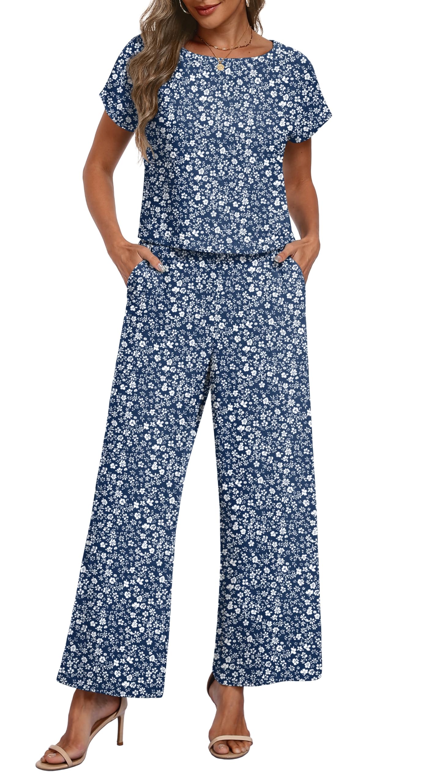 Lepunuo Conjunto de 2 piezas para mujer, manga casquillo, ombliguera y pantalones de pierna ancha a juego, conjunto de descanso para vacaciones, playa, viajes