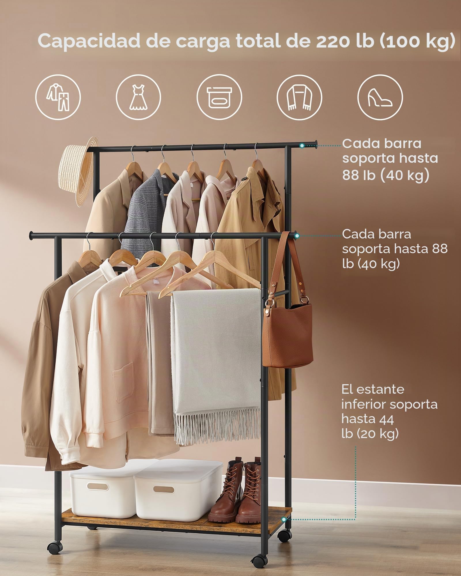 SONGMICS Perchero con ruedas, perchero de doble barra para colgar ropa, 38.8 pulgadas con estante, carga hasta 220 libras, para dormitorio, armario, marrón rústico y negro tinta UHSR152B01