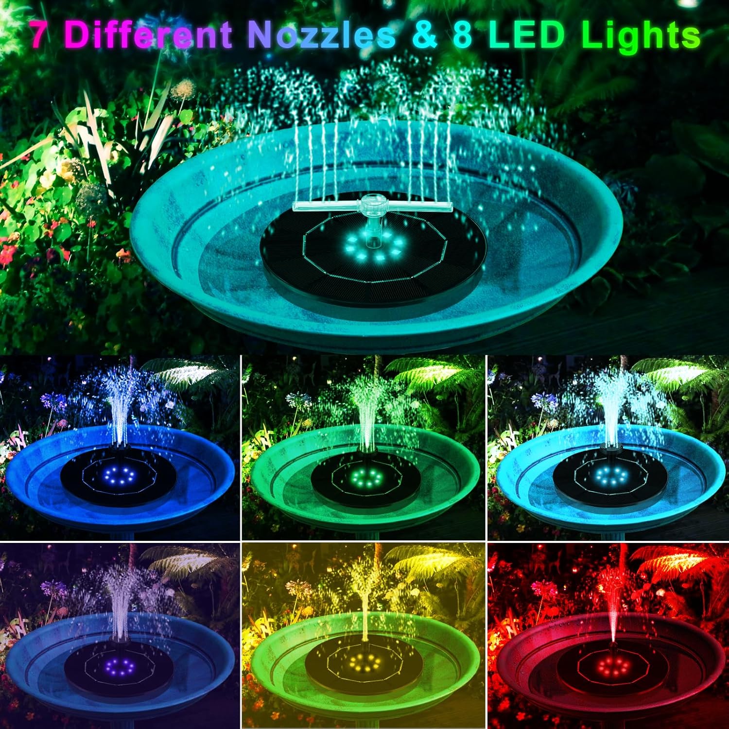 Jhua Solar Fountain for Bird Bath Pump with Led Lights 3W Solar Powered Water Fountain Pump Kit with 7 Nozzles Floating Solar Water Fountain for Outdoor Garden Ponds Pool Fish Tank Aquarium - Image 4