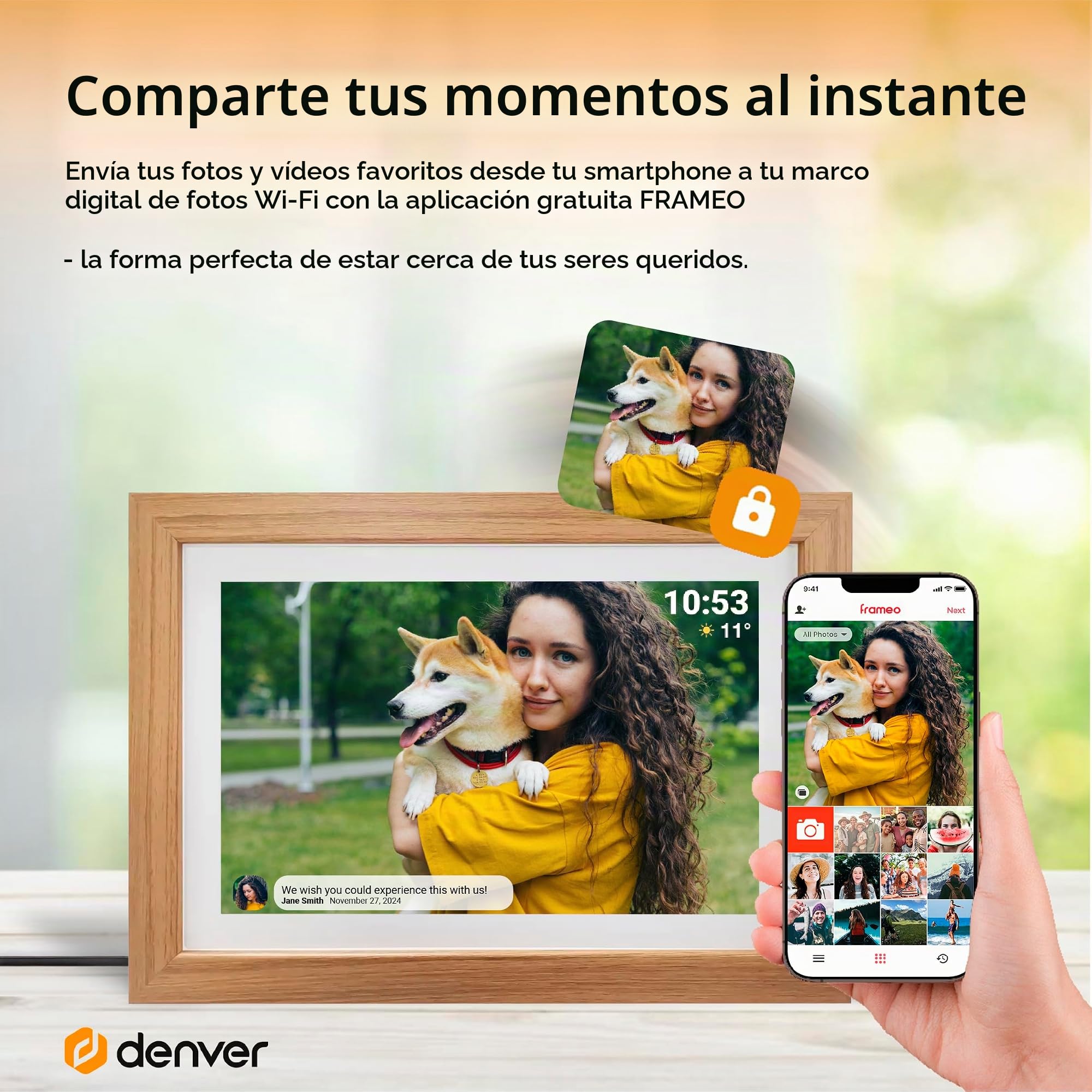 Denver Frameo Marco Digital WiFi 10,1 Pulgadas, Pantalla IPS táctil 1280 x 800, 16 GB, App Frameo, Color Madera Clara