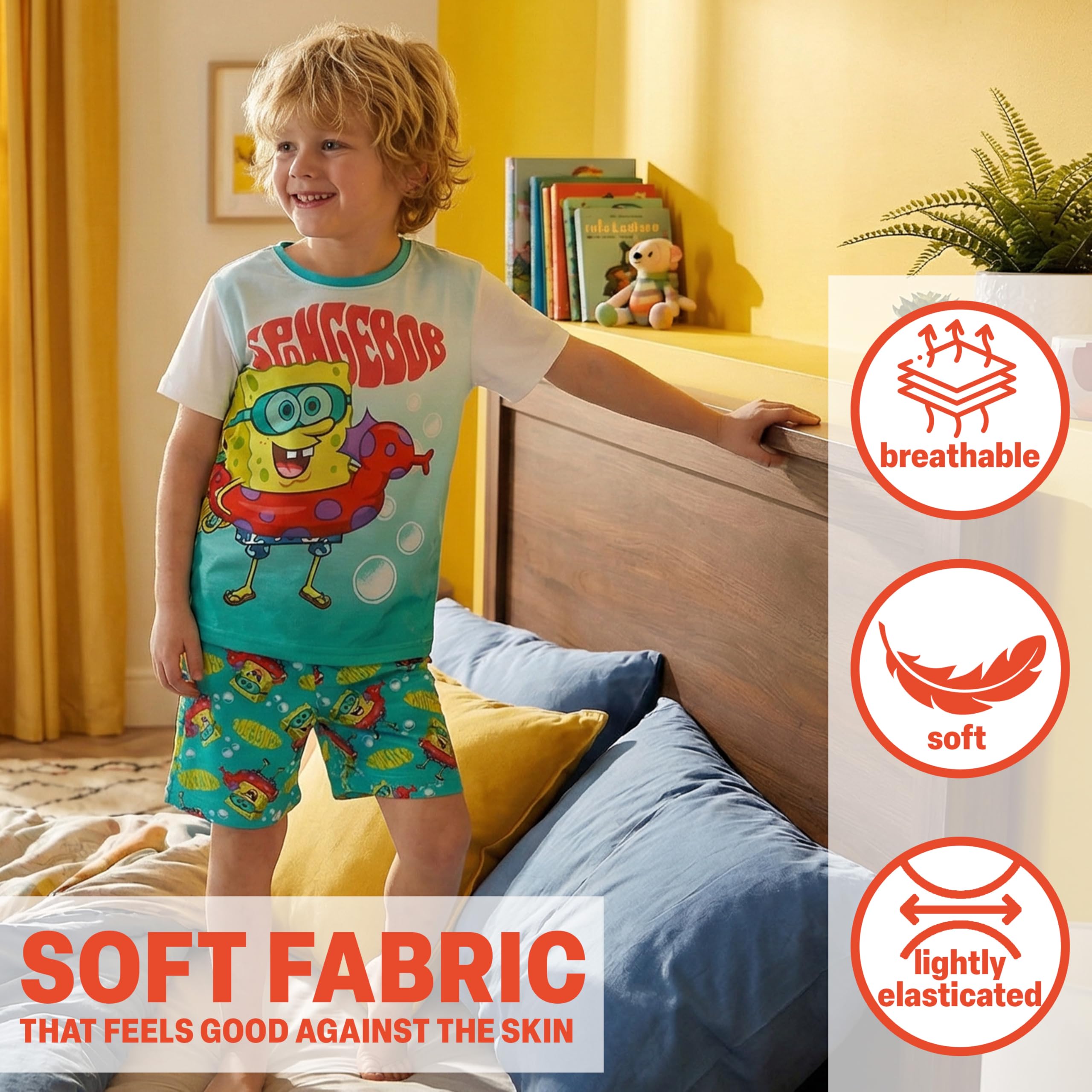 Get Trend Bob Esponja Pijama Niño 4-12 Años, Conjunto Verano de Pijama Corto de Algodón, Camiseta Manga Corta y Shorts, Ropa de Dormir, Regalo Niño