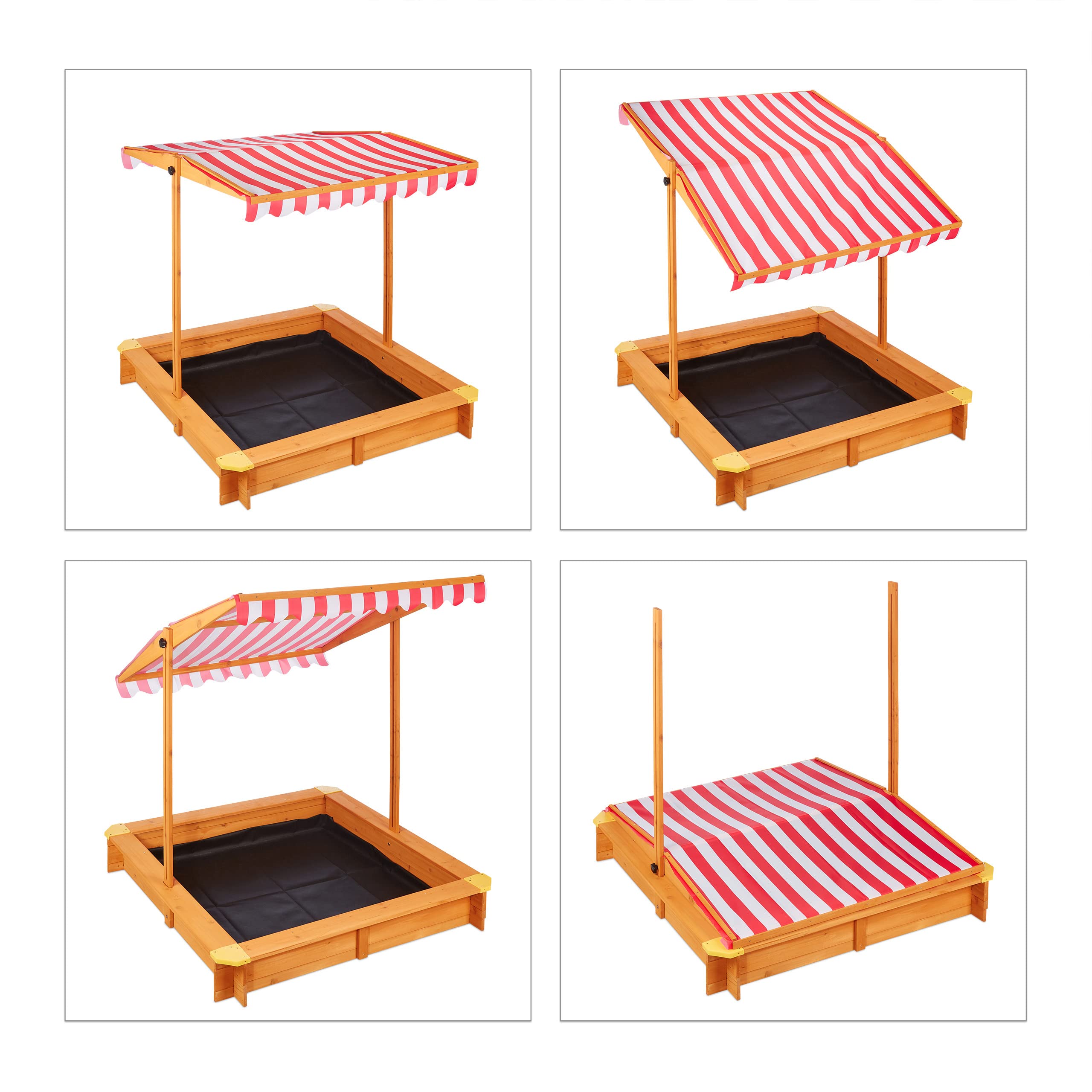 Relaxdays Arenero Niños con Techo Regulable, 117 x 117 x 117 cm, Cajón de Arena con Forro, Madera de Abeto, Natural