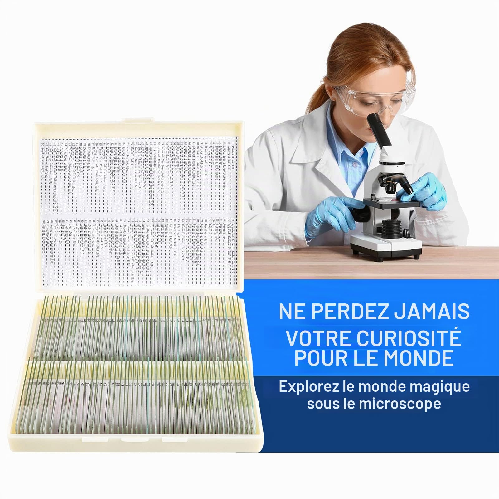 USCAMEL 100 Lames de Microscope préparées avec spécimens – Bactérie, Champignon, Tissus Humains, mitose, Plantes, Insectes, Animaux