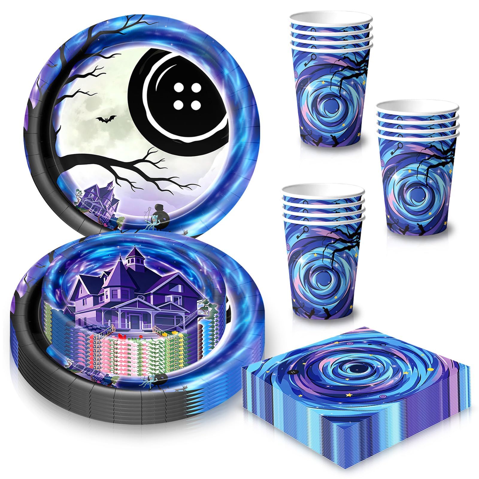 50Pcs Halloween Party Tableware Set for Decoration, Purple Coraline Halloween Paper Plates, Cups and Napkins for Kids Halloween Desktop Party Decoration Set โ image 1