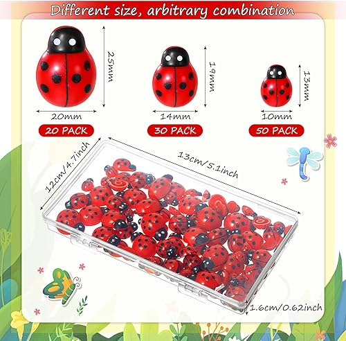 Miniatura 2 de Hicarer 100 piezas de decoración de mariquita de resina con parte trasera plana, mini adornos de epoxi con caja para manualidades, caja de