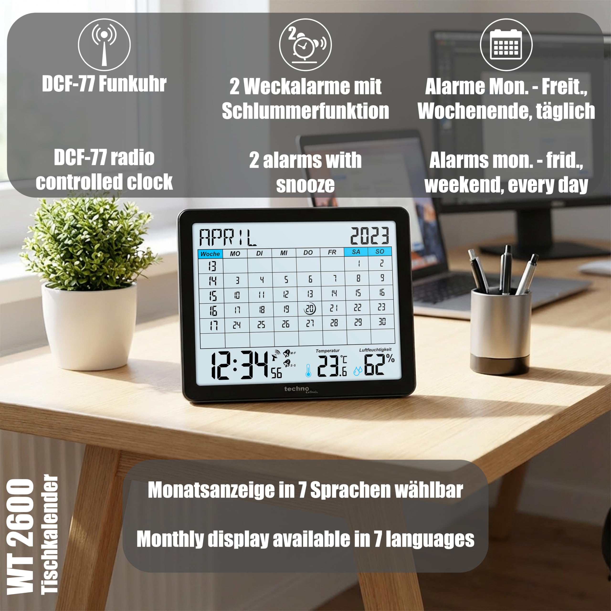 WT2600 - Calendario de Mesa, indicador de Temperatura, indicador de Humedad, indicador mín./máximo, 17 x 14 cm, Color Negro