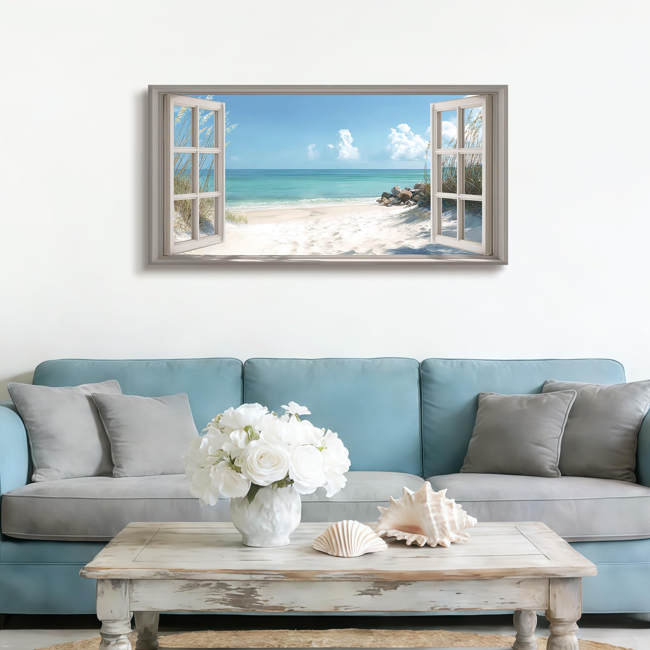 Playa Vista 3D Ventana Efecto Marco de Madera Cuadros Decoracion Salon Modernos Azul Costa Paisaje Pintura Lienzos Decor Natural Paisaje Cuadros Salón Pasillos Dormitorio Comedor Oficina 100x50cm