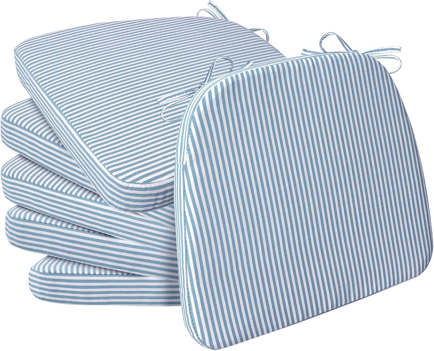 AAAAAcessories D-Shaped Chair Cushions, 2" Thick Dining Chair Pads with Ties and Removable, Machine-Washable Cover, 17" x 16", Set of 6, Pinstripe Blue Pinstripe Blue 6 Count(Pack of 1)