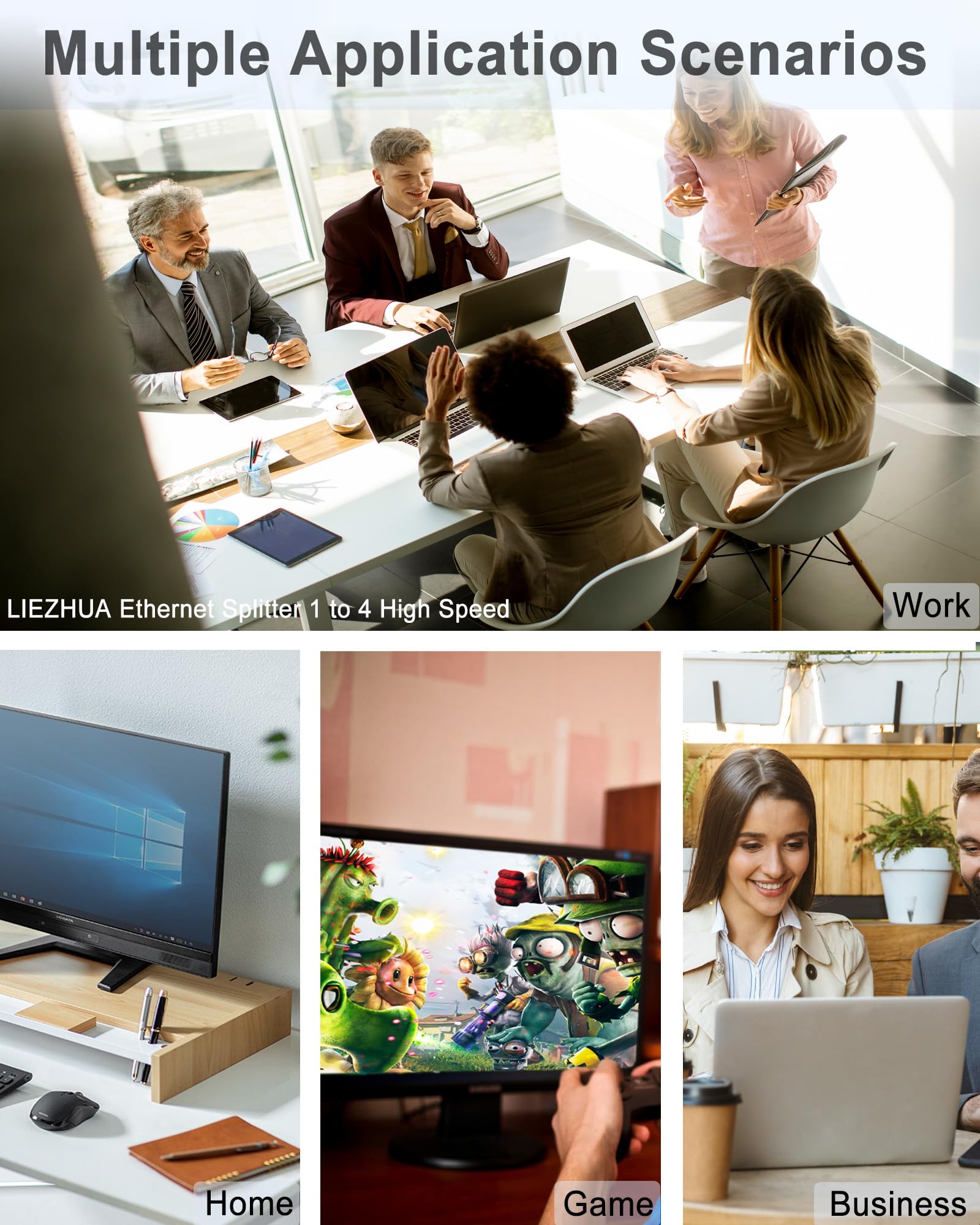 LIEZHUA Répartiteur Ethernet 1 vers 4, 1000 Mbps haute vitesse Ethernet avec câble LAN Cat 6 [4 appareils réseau simultané], extension de réseau LAN Gigabit RJ45 pour câble Cat8/7/6/5e/5