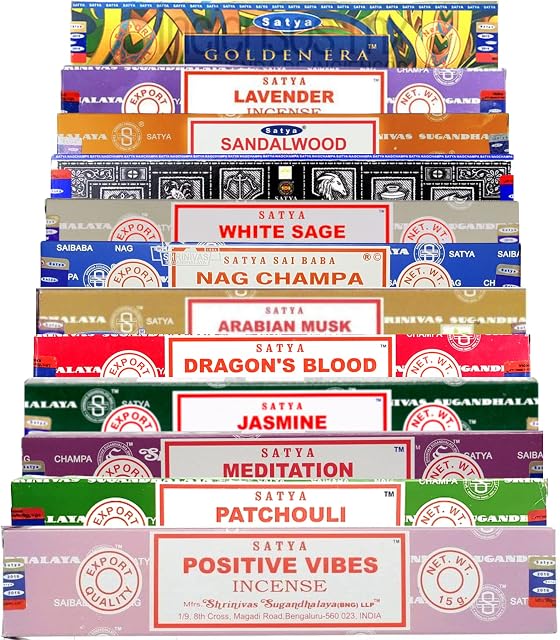 SAMASIA Satya Mix 12 incense set 2 - Positive Vibes, Patchouli, Meditation, Jasmine, Dragons Blood, Arabian Musk, Agarbatti, White Sage, Super Hit, Sandalwood, Lavender etc - with incense holder