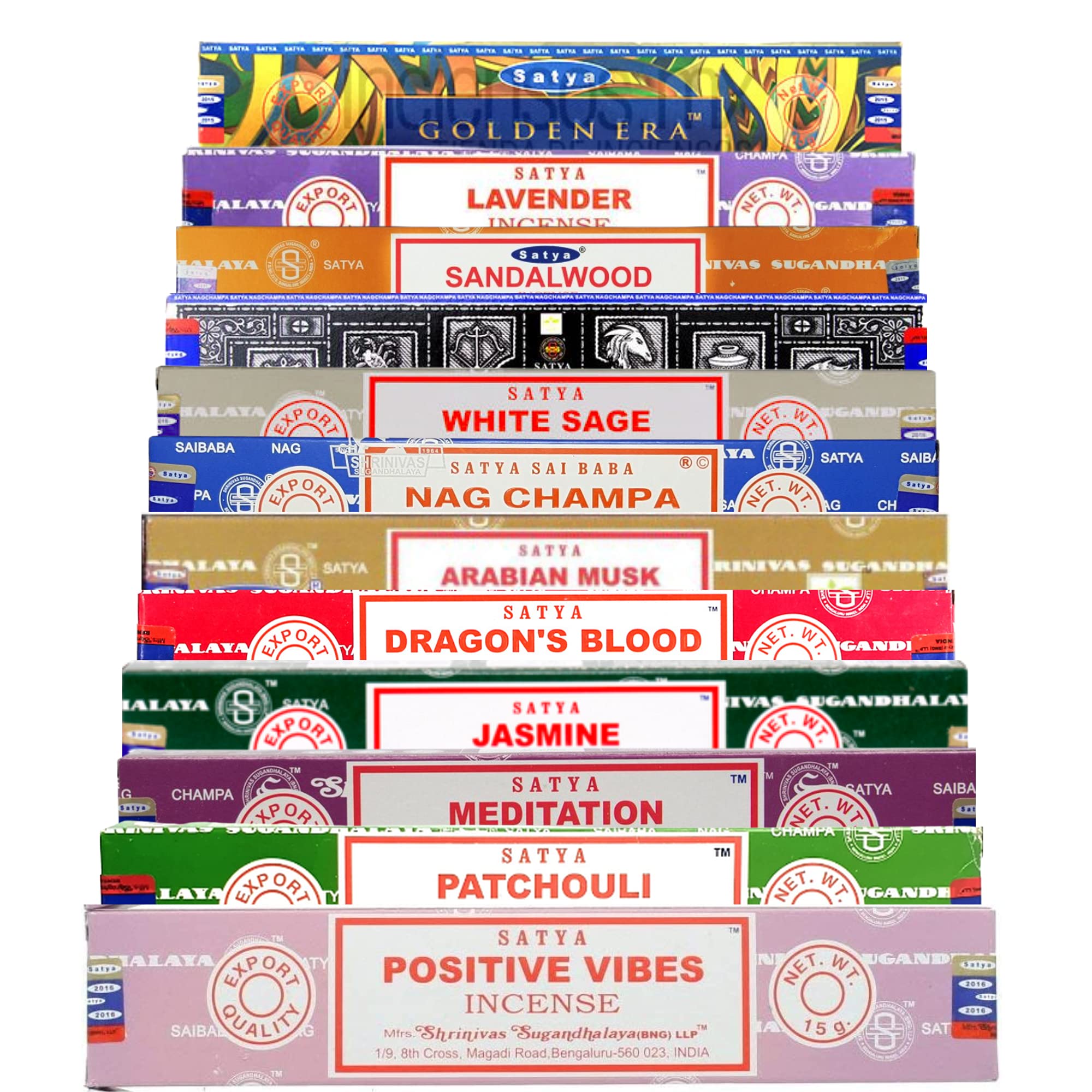 SAMASIA Satya Mix 12 incense set 2 - Positive Vibes, Patchouli, Meditation, Jasmine, Dragons Blood, Arabian Musk, Agarbatti, White Sage, Super Hit, Sandalwood, Lavender etc - with incense holder