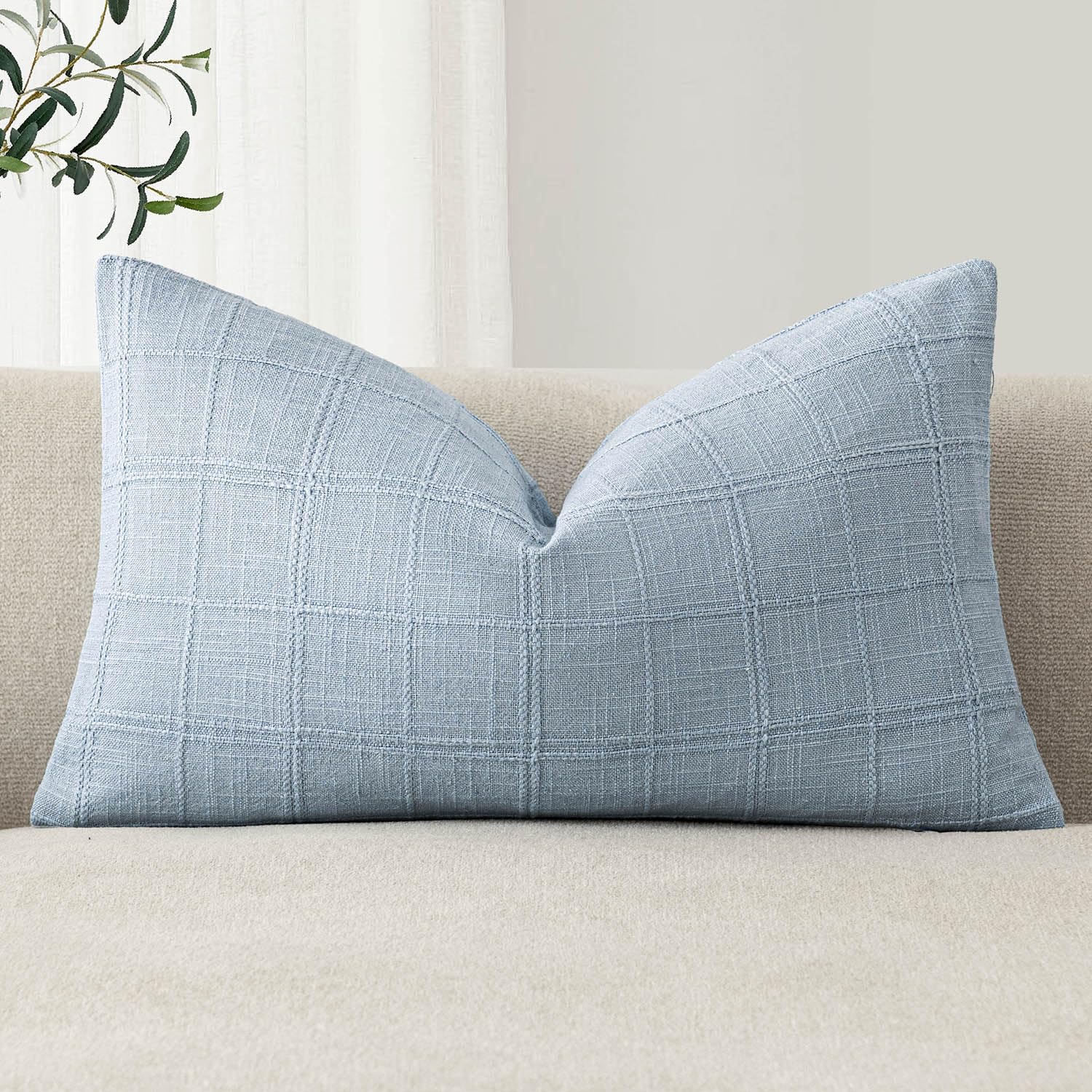 Foindtower Set of 1 Decorative Linen Check Throw Pillow Cover Neutral Farmhouse Lumbar Cushion Cover Modern Boho Accent Home Decor for Sofa Chair Couch Bedroom Living Room,12×20 Inch,Sky Blue