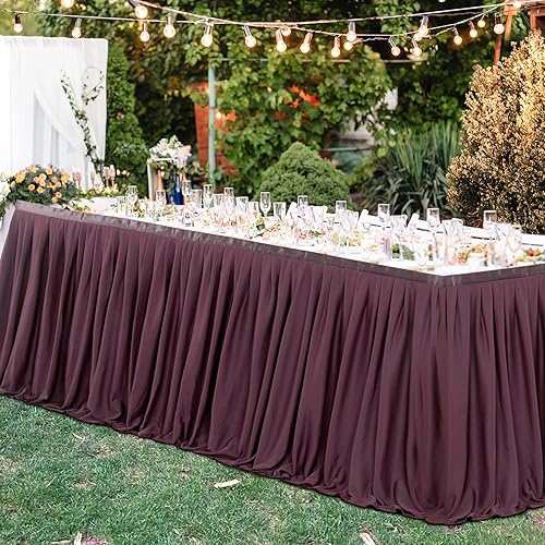Miniatura 3 de Partisky Falda de mesa de poliéster burdeos para mesas rectangulares de 6 pies, mantel plisado resistente a las arrugas con volantes para banquetes,