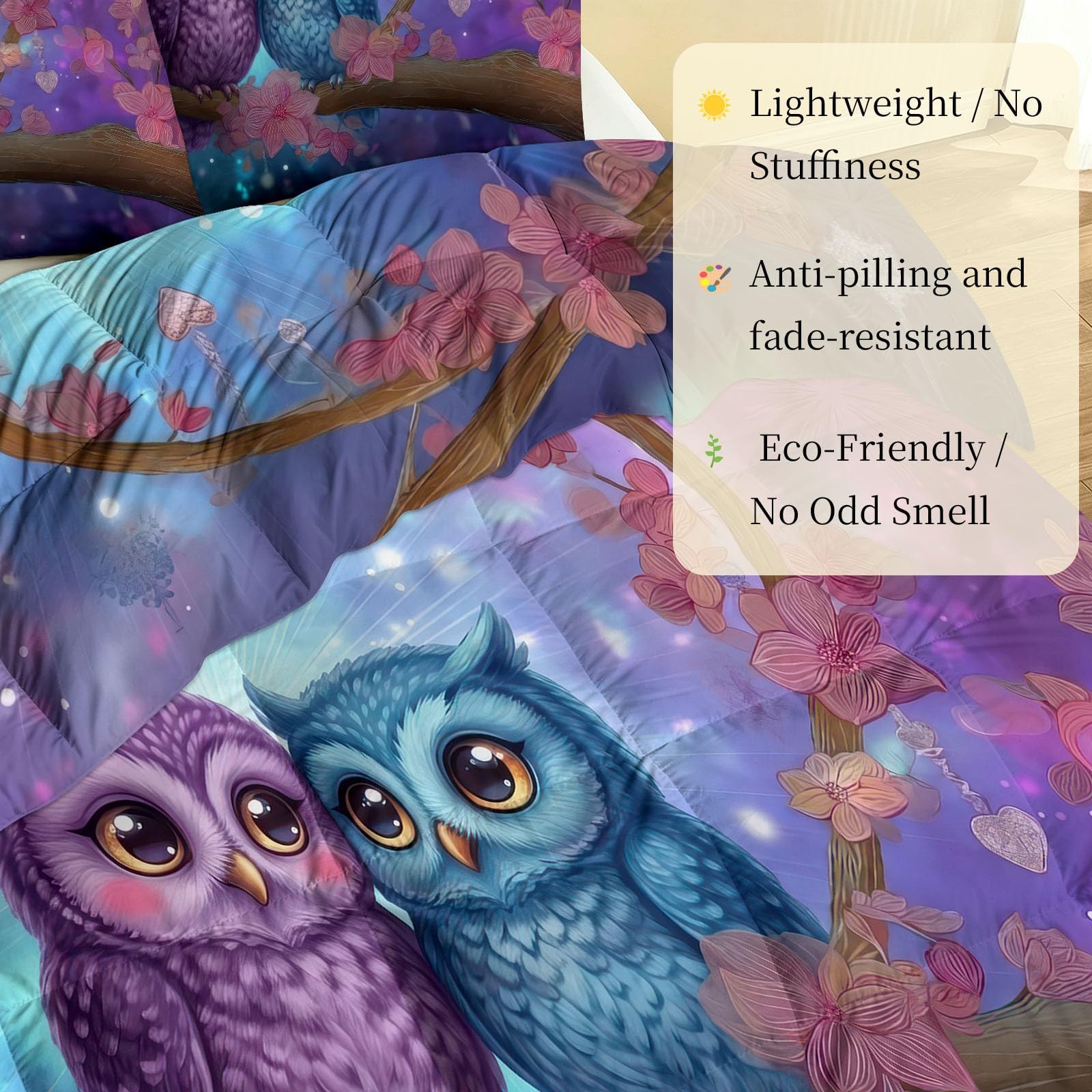 Generisch 200 x 200 cm 4 Jahreszeiten Bettdecke ohne Bezug, Fantasy Sternenlicht Steppdecke, Waschbar Atmungsaktiv Weiche - Tiere Eulen Pärchen Blumen Herzform Sommerdecke für Allergiker