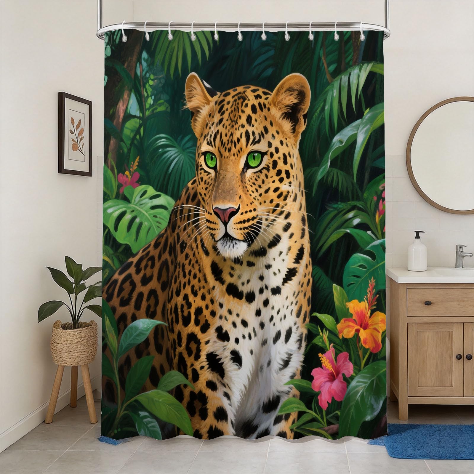 Hongduo 3D Jungle Leopard Shower Curtain for Stalls Bathtubs Wild Animal Theme Bathroom Decor Shower Curtain Set Polyester Fabric Waterproof 200x200cm/79X79 Inch with Hooks