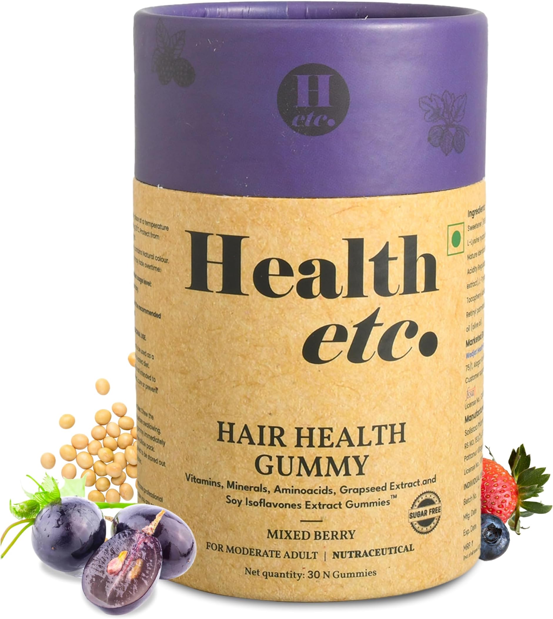Biotin Gummies for Hair Growth & Hair Fall Control - Health etc. Hair Health Vitamins with Amino Acids, Zinc & Grape Seed Extract - Thickens, Strengthens & Adds Volume - Vegan & Sugar-Free, 30 Count