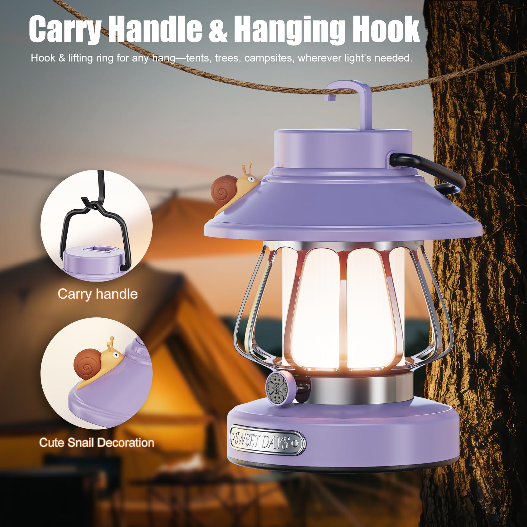 V.C Retro Snail Kids Lantern - Premium Violet USB Rechargeable Camping Light, 3-Color Dimmable LED Night Light with Tent Hook, Outdoor Indoor Safe for Bedroom/Gifts (Kids Camping Essentials)