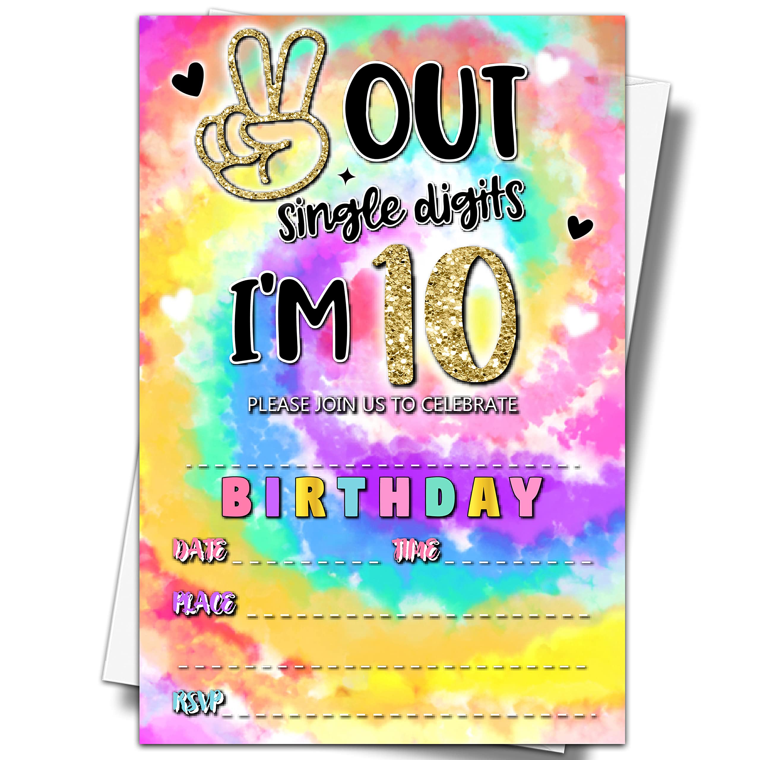 YSTEP Tie Dye 10th Birthday Party Invitations, 20 Invite Cards with Envelopes, 4"x6" Peace out Single Digits Birthday Invites - B18