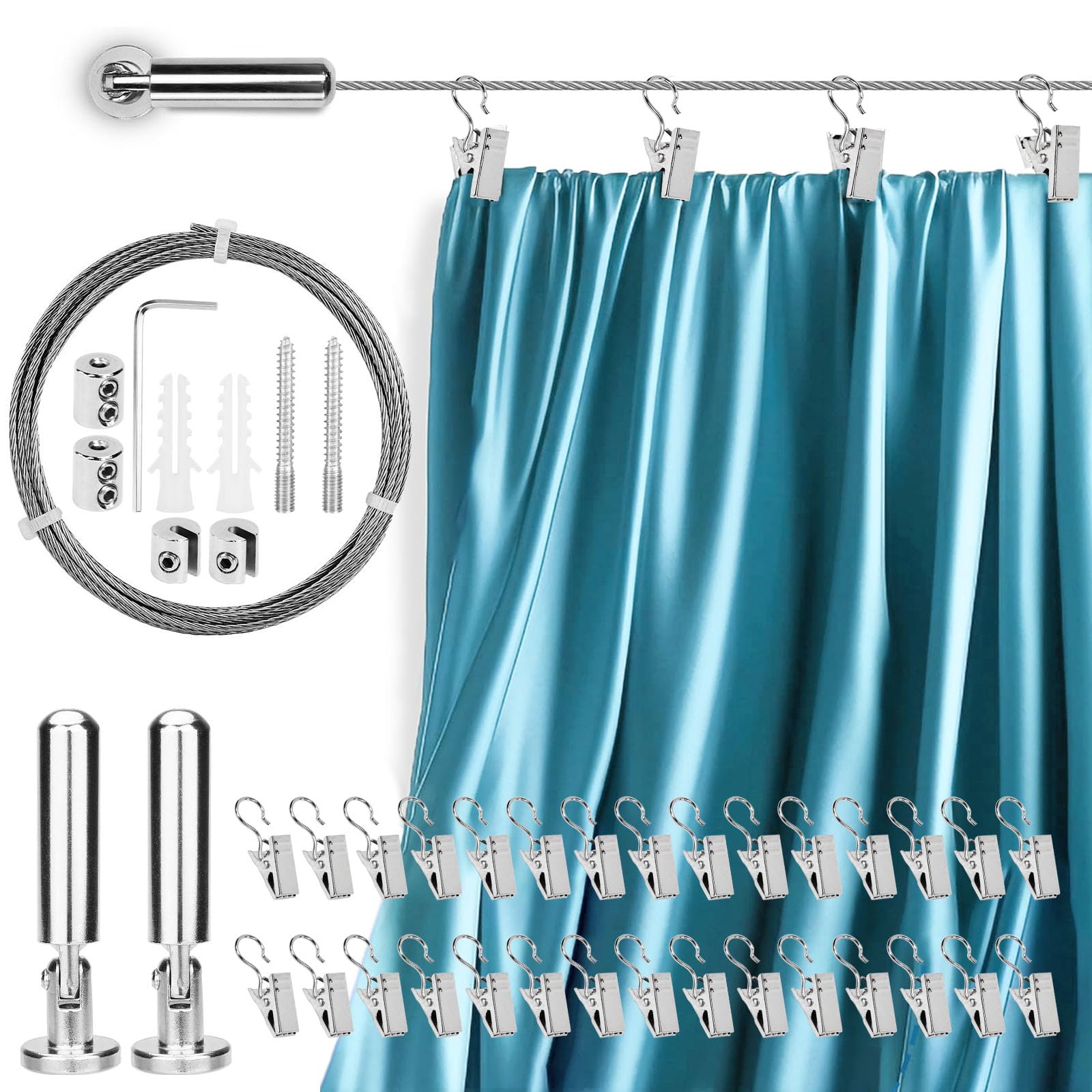 Cavo Metallico per Tende,Filo per Tende in Acciaio Inossidabile da 5m,Cavo di Tensione Della Tenda con 30 Pz Gancio per Appendere Tende Da Doccia, Foto, Artigianato