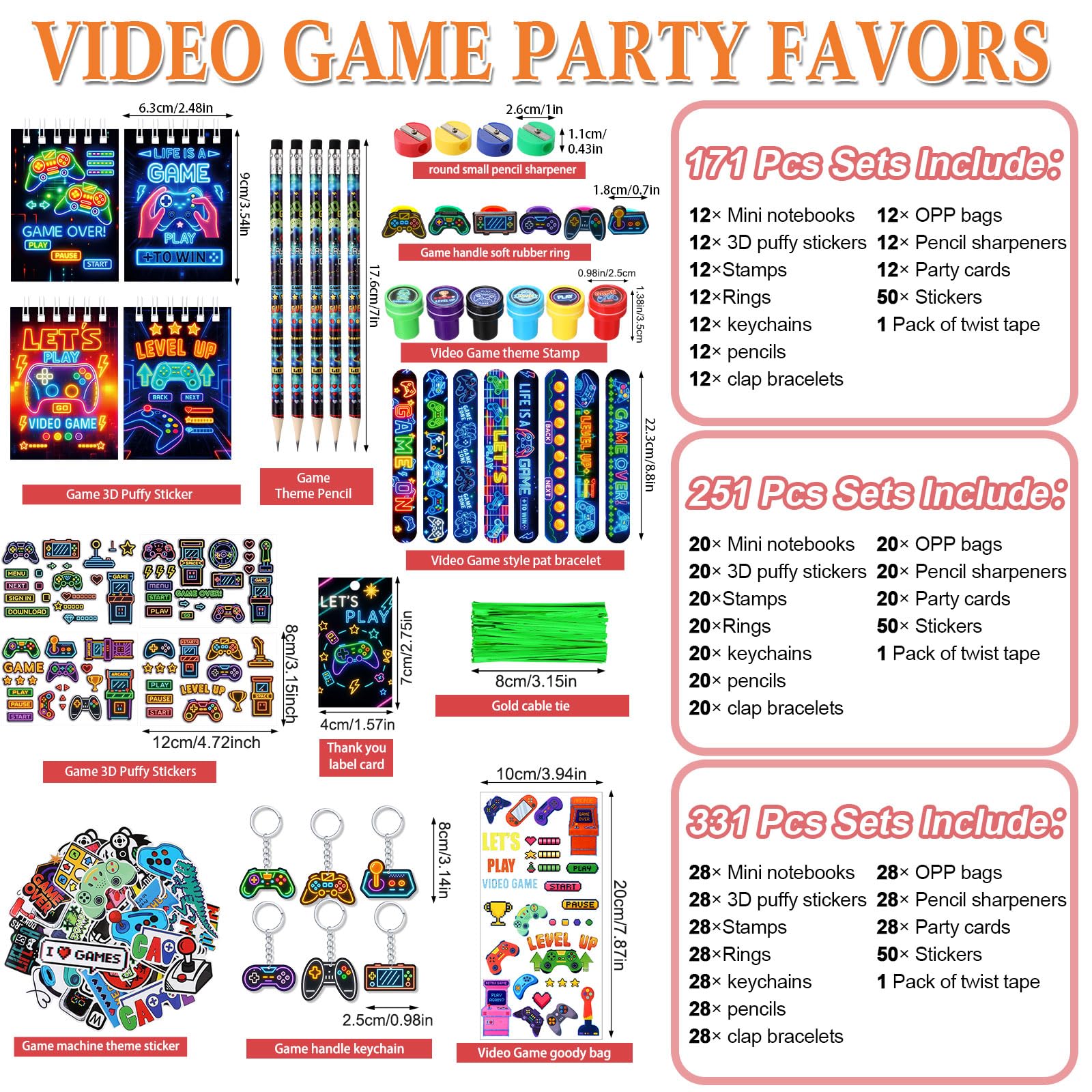 Sayglossy Set da 171 bomboniere per videogiochi, include sacchetti regalo, matite, temperamatite, bracciali, anelli, portachiavi, adesivi 3D gonfi con timbro per gamer, bomboniere di compleanno (neon)
