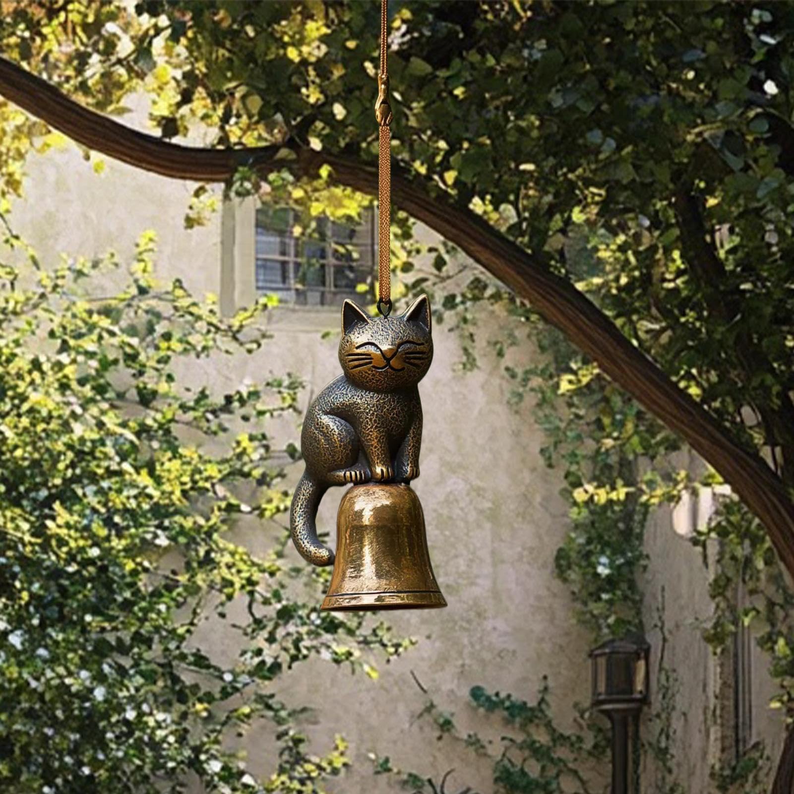 Handgefertigtes Katzen-Windspiel Für Innen & Außen – Mit 7 Katzen, Glocken & Aluminiumröhren – 96,5 Cm, Entspannender Klang