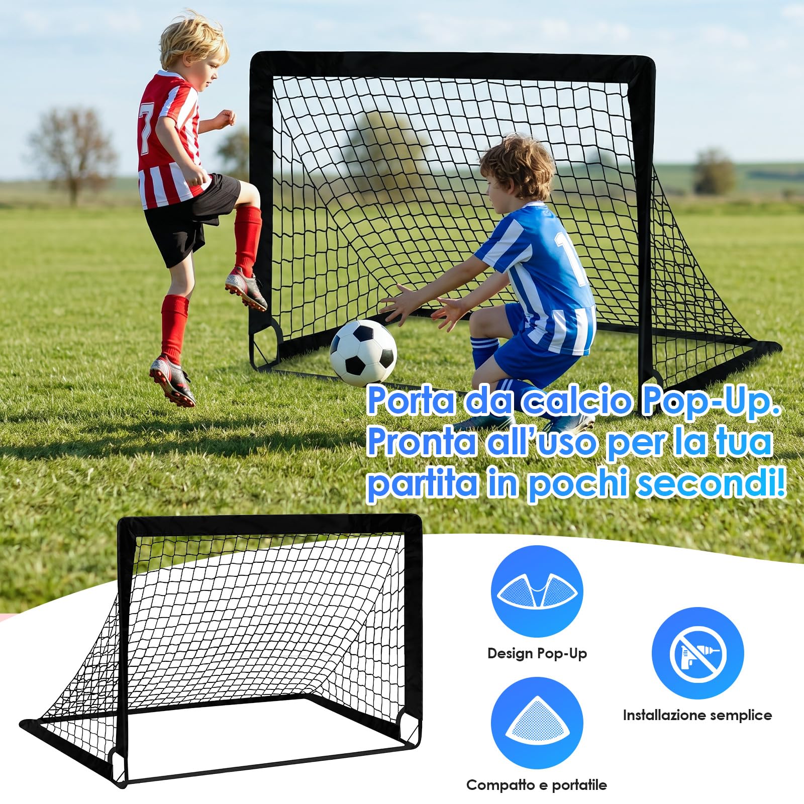 Porta da calcio per bambini, set da 2 porte Pop-up 90×120×90 cm, porte da calcio per giardino con aste rinforzate in fibra di vetro e reti di alta qualità per interno, esterno e giardino