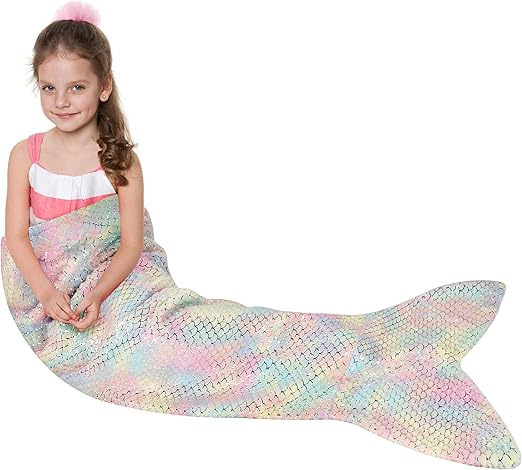 Catalonia Mermaid Blanket for Kids, Soft Plush Sleeping Snuggle Tail Blanket,Fish Scale Pattern, Mermaid Gift for Girls