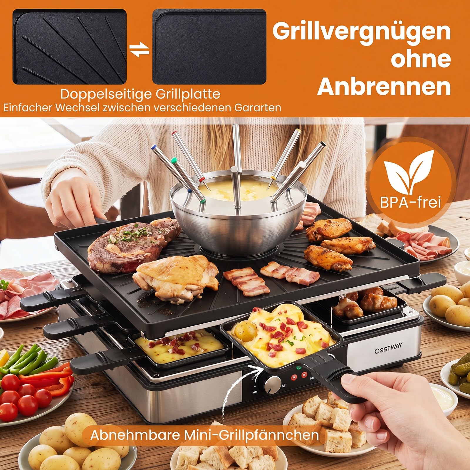COSTWAY Grill elektryczny 3 w 1 do raclette i fondue, 2200 W grill