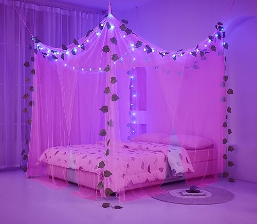 Miniatura 7 de Akiky Cortinas de cama con dosel rosa princesa con luz LED de 16 colores, red de cama con domo para niñas y mujeres con decoración de hojas de vid