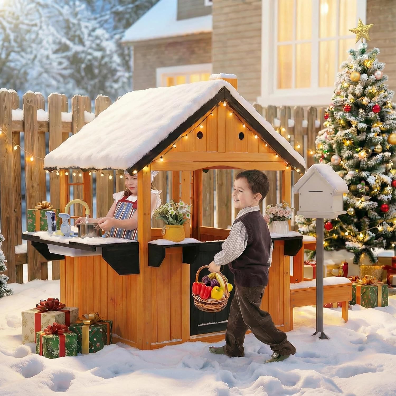 JOYMOR Kids Outdoor Playhouse with Sink Toys, Picnic Table, Mailbox, Spacious Wooden Toddler Playhouse for Backyard Kids 3-8Y DIY Room with Flowerpot Holders, Plastic Basin (Light Brown)