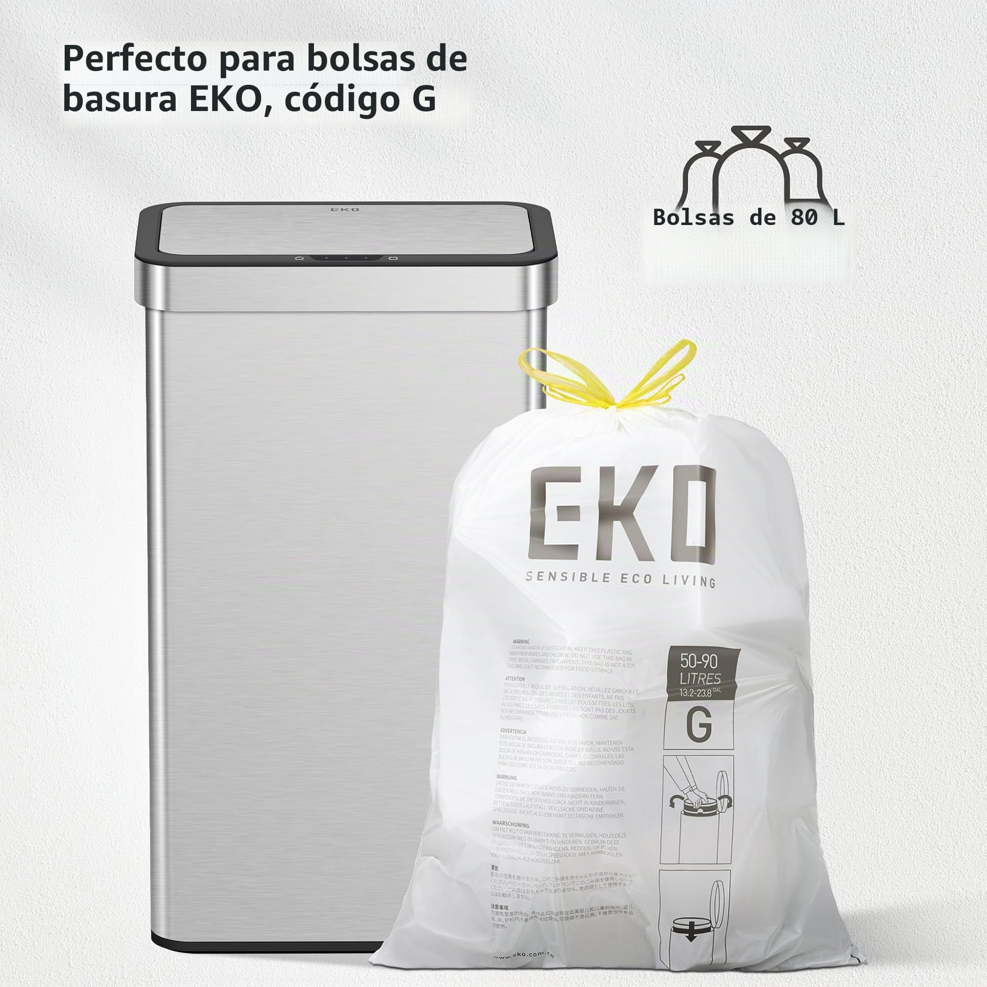 EKO Cubo de basura con sensor NOVA de 80 L, cubo de basura de cocina automático, con sensor de movimiento, tapa de cierre suave, resistente a las huellas dactilares, acero inoxidable mate