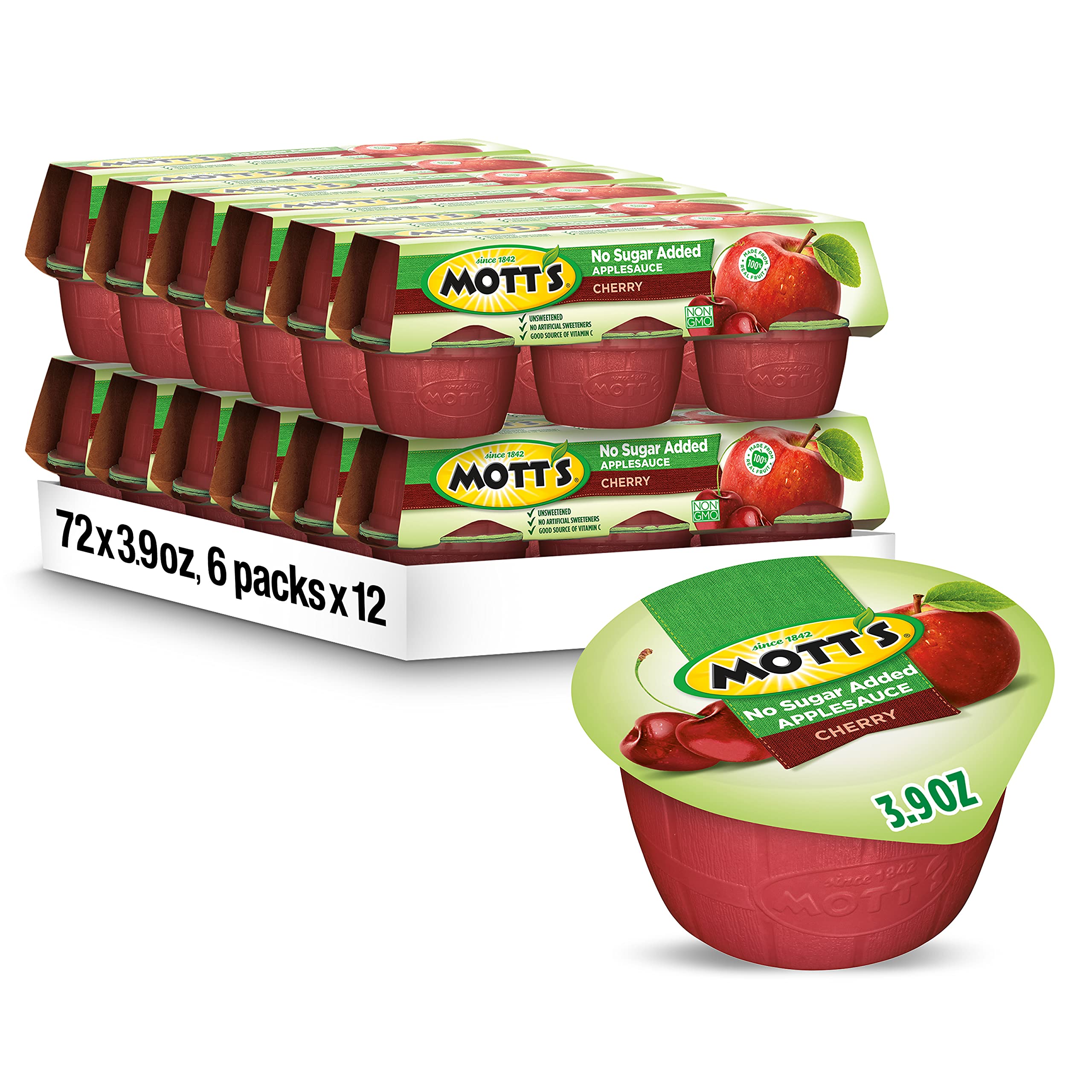 Mott's No Sugar Added Cherry Applesauce, 3.9 oz cups (Pack of 72)