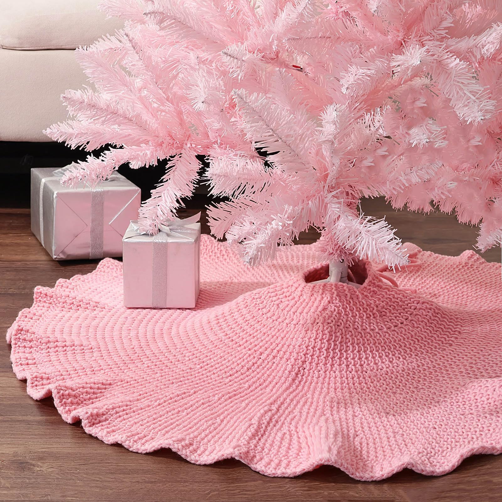 LimBridge Knitted Christmas Tree Skirt: 36 Inch Pink Lotus Leaf Edge Chunky Crochet Tree Skirt with Round Wood Buttons, Christmas Tree Decorations for Merry Christmas Home Décor Party Gifts